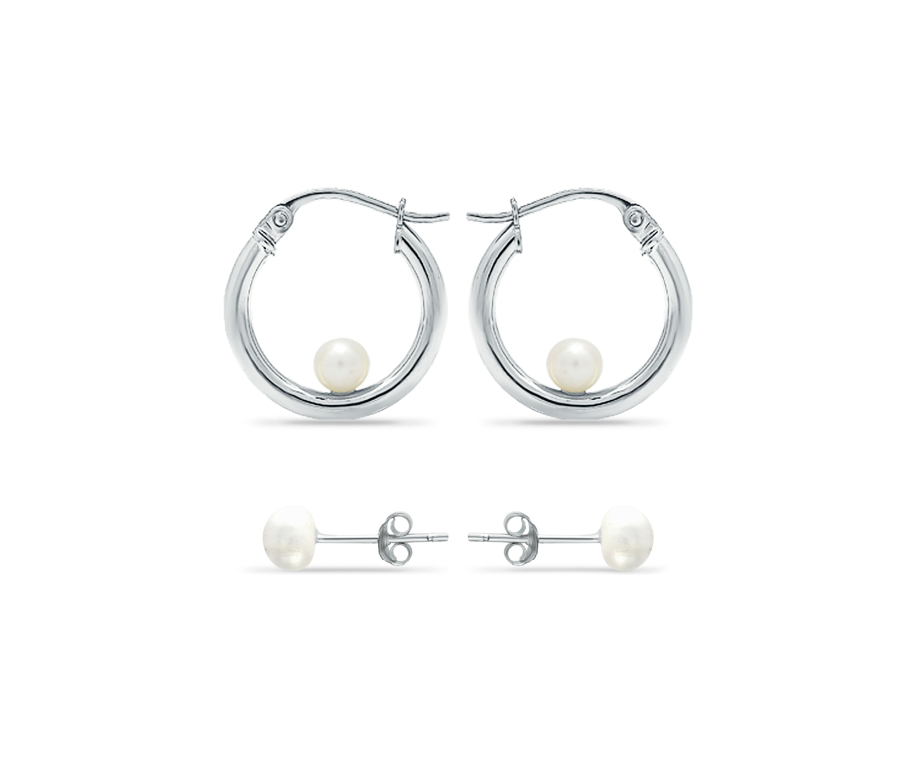 2 Piece Freshwater Pearl Stud and Hoop Earrings Set in Sterling Silver