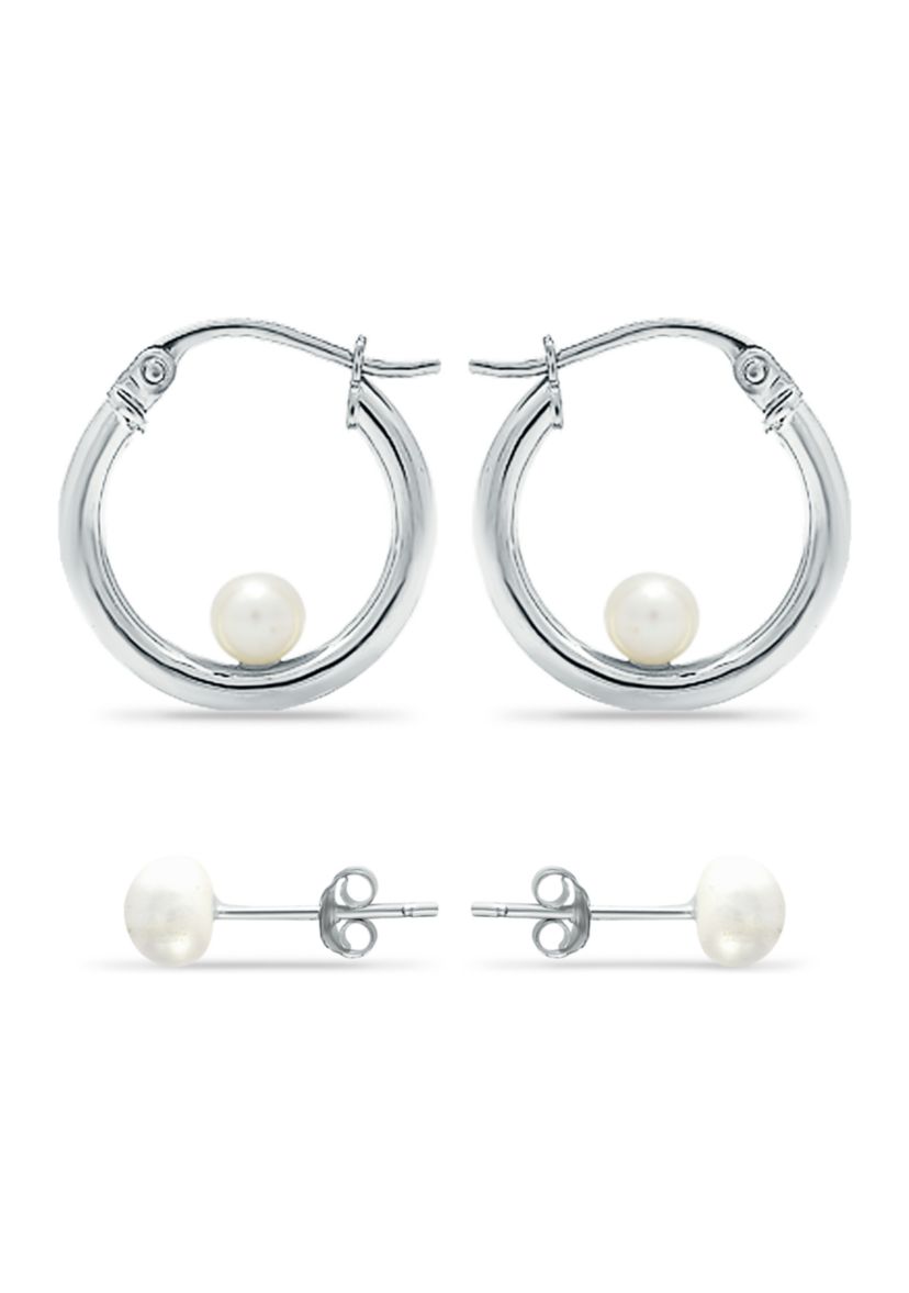 2 Piece Freshwater Pearl Stud and Hoop Earrings Set in Sterling Silver