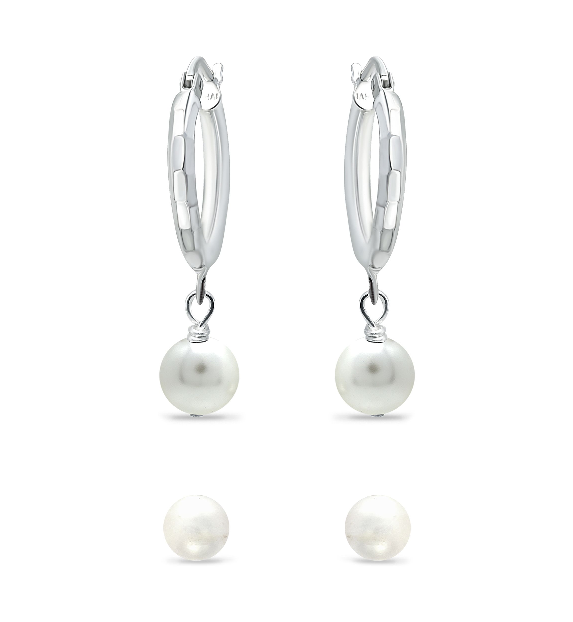 	  2 Piece Freshwater Pearl Stud and Drop Hoop Earrings Set in Sterling Silver 