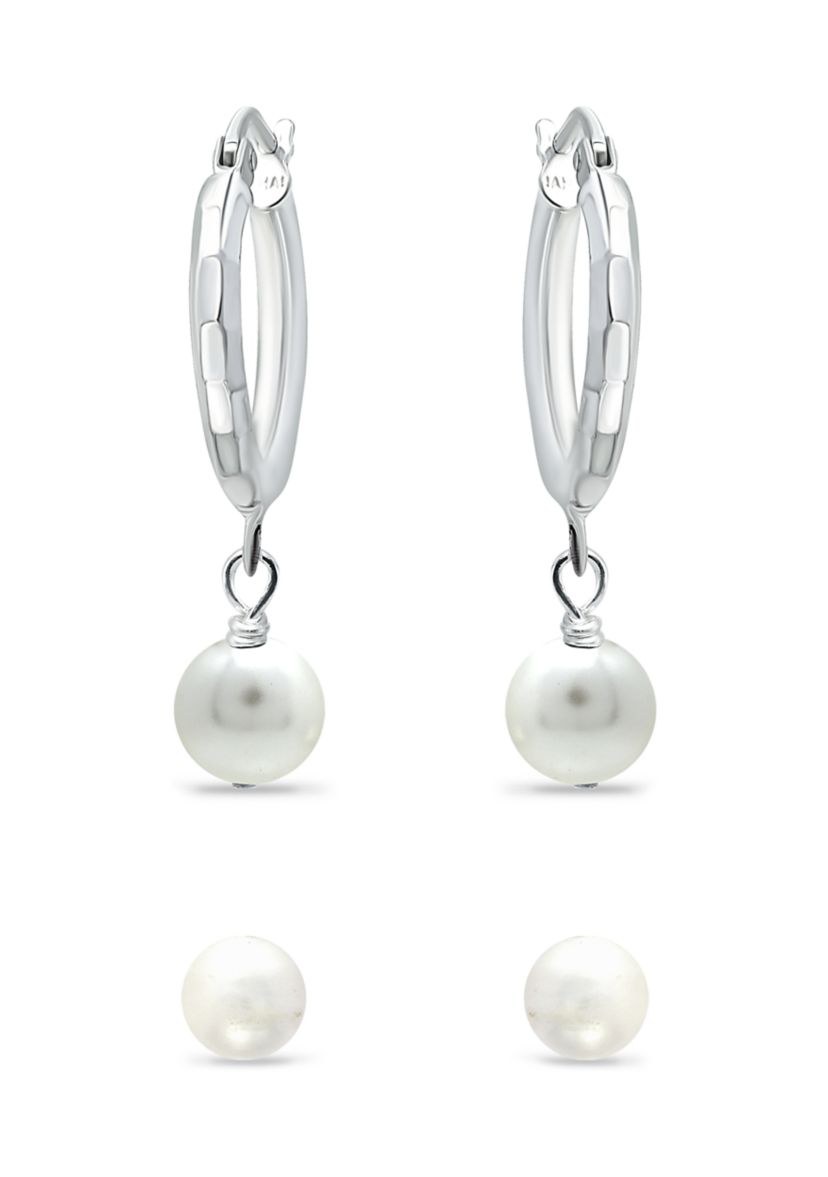 	  2 Piece Freshwater Pearl Stud and Drop Hoop Earrings Set in Sterling Silver 