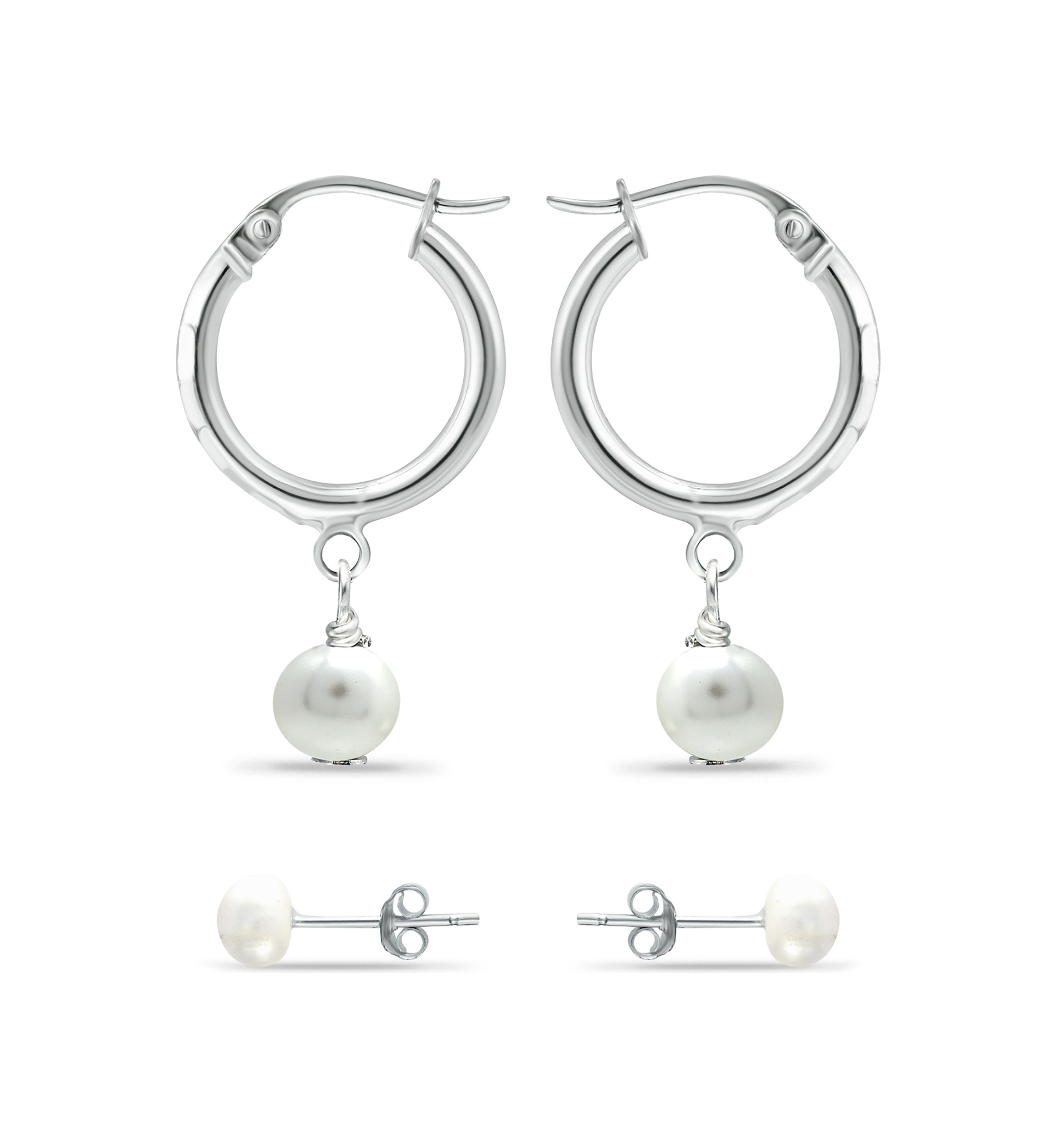 	  2 Piece Freshwater Pearl Stud and Drop Hoop Earrings Set in Sterling Silver 