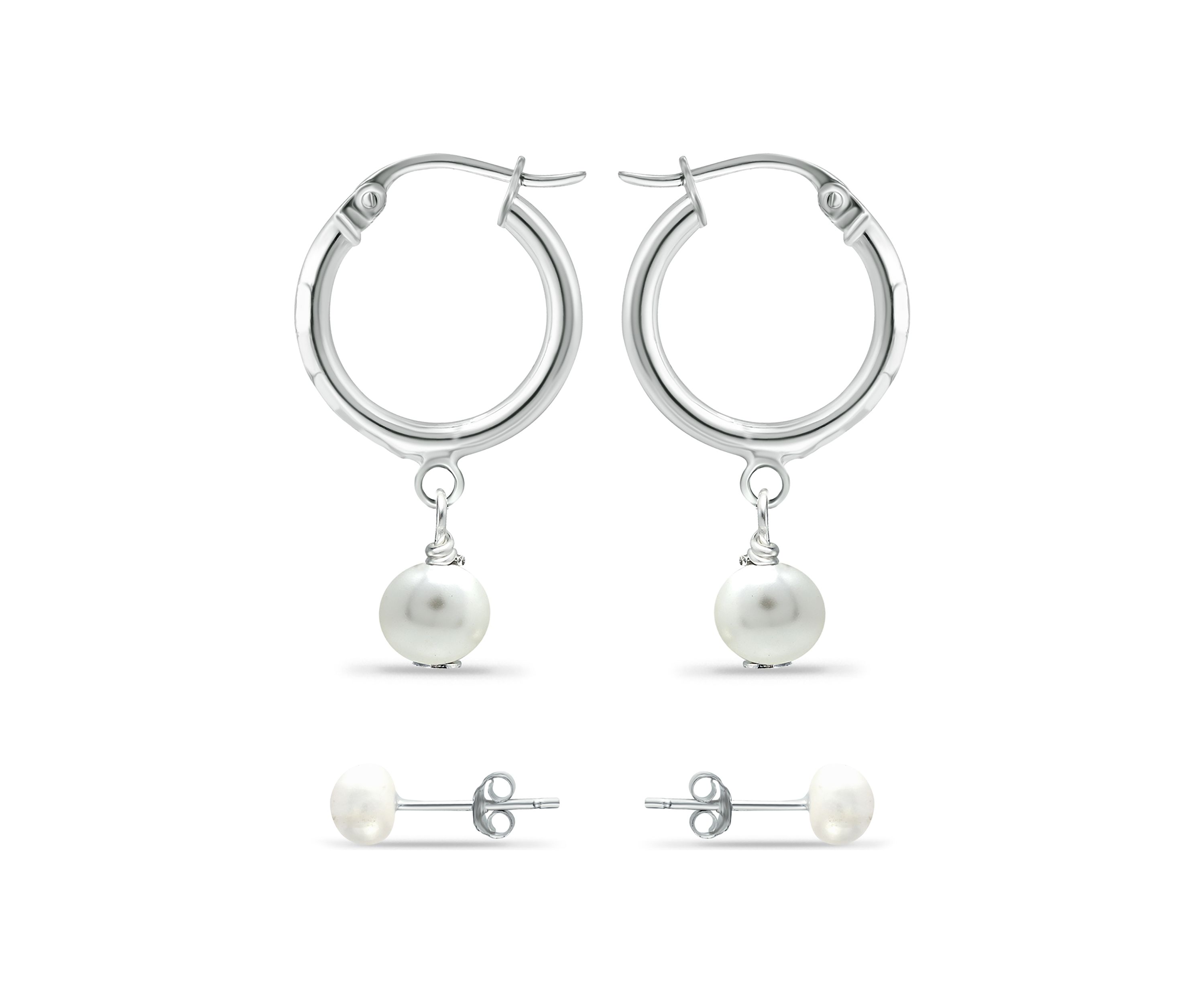 	  2 Piece Freshwater Pearl Stud and Drop Hoop Earrings Set in Sterling Silver 