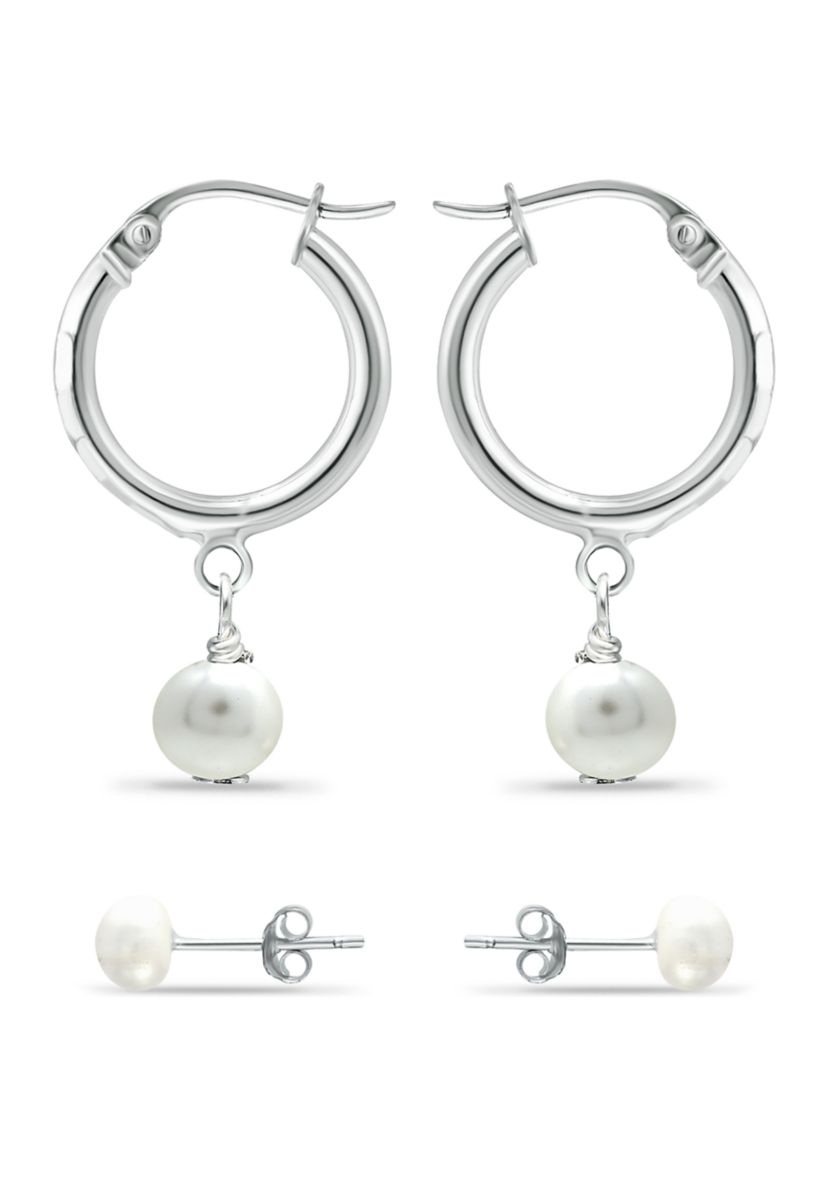	  2 Piece Freshwater Pearl Stud and Drop Hoop Earrings Set in Sterling Silver 