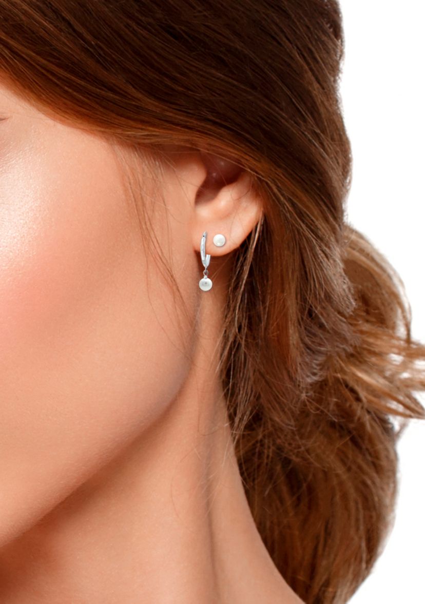 	  2 Piece Freshwater Pearl Stud and Drop Hoop Earrings Set in Sterling Silver 