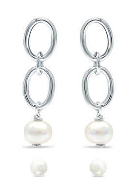 Belk & Co 2 Piece Freshwater Pearl Stud and Drop Earrings Set in Sterling Silver