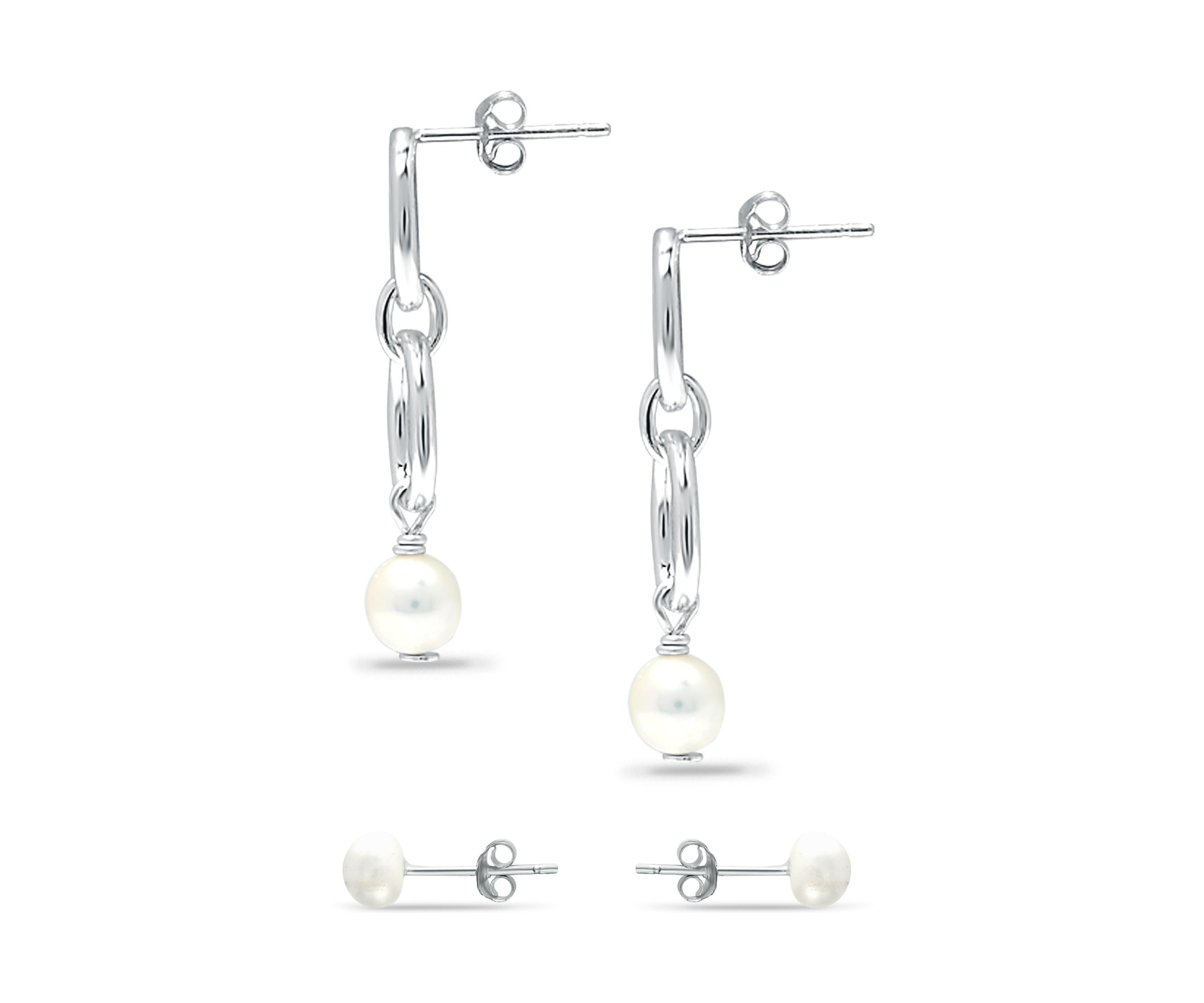  2 Piece Freshwater Pearl Stud and Drop Earrings Set in Sterling Silver 