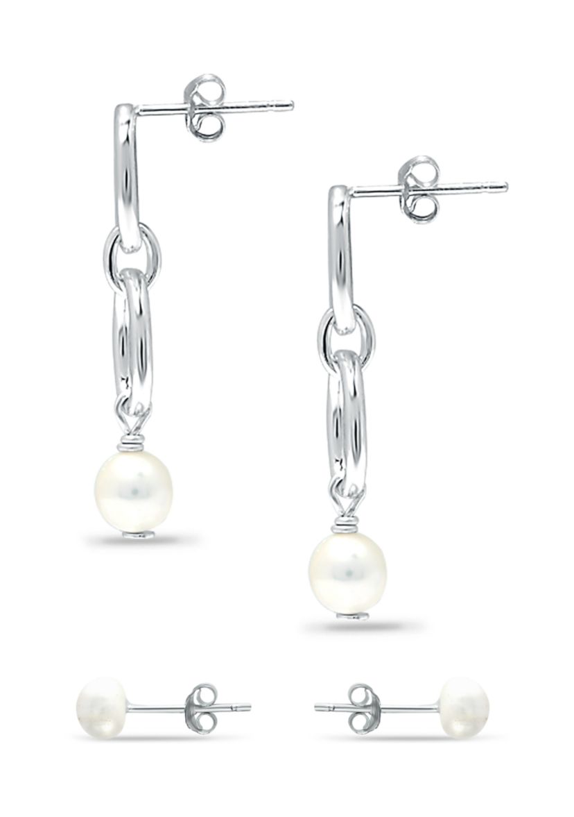  2 Piece Freshwater Pearl Stud and Drop Earrings Set in Sterling Silver 