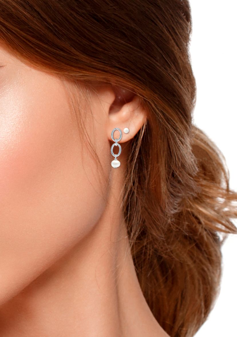  2 Piece Freshwater Pearl Stud and Drop Earrings Set in Sterling Silver 