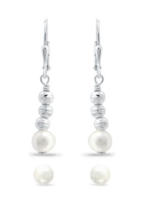 Belk & Co 2 Piece Freshwater Pearl Stud and Diamond Cut Bead Drop Earrings Set in Sterling Silver