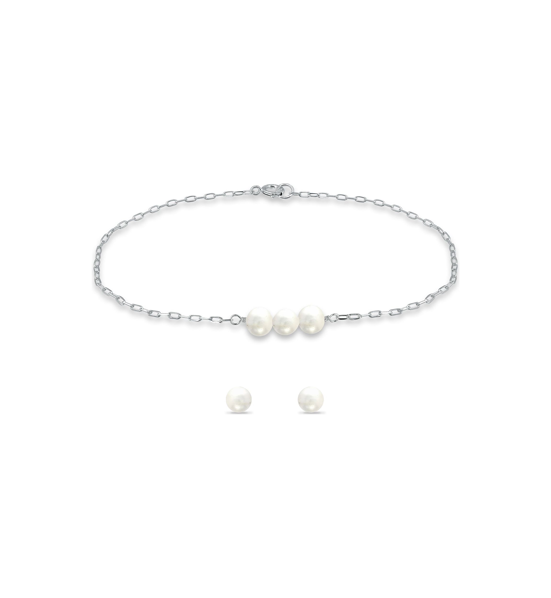 Fresh Water Pearl Paper Clip Chain Bracelet and Stud Earrings, 2PC Set, Sterling Silver