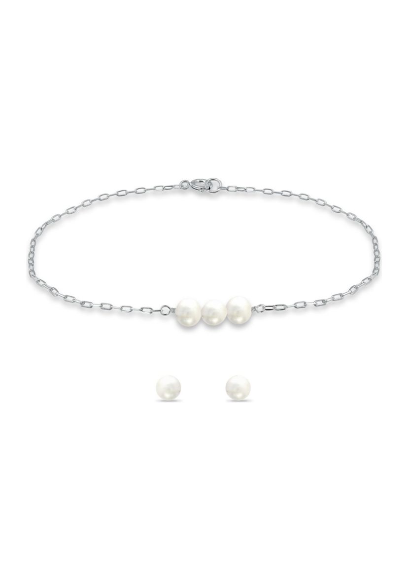 Fresh Water Pearl Paper Clip Chain Bracelet and Stud Earrings, 2PC Set, Sterling Silver