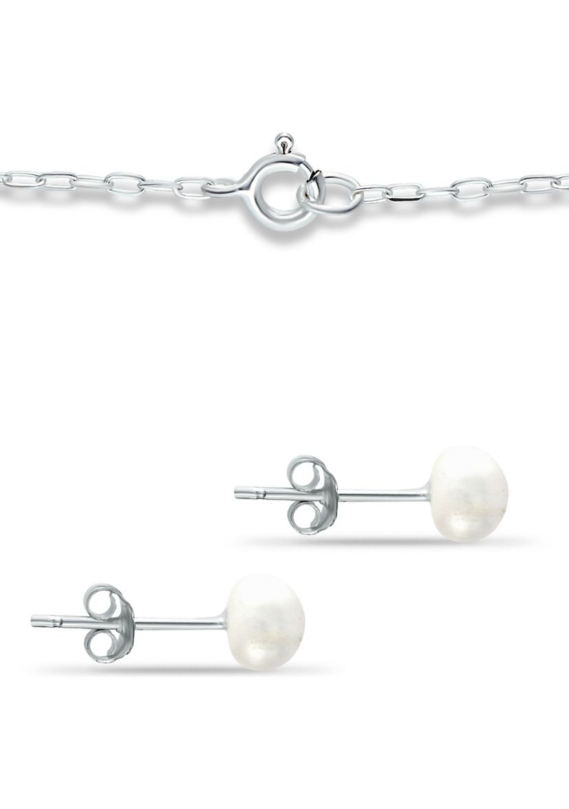Fresh Water Pearl Paper Clip Chain Bracelet and Stud Earrings, 2PC Set, Sterling Silver