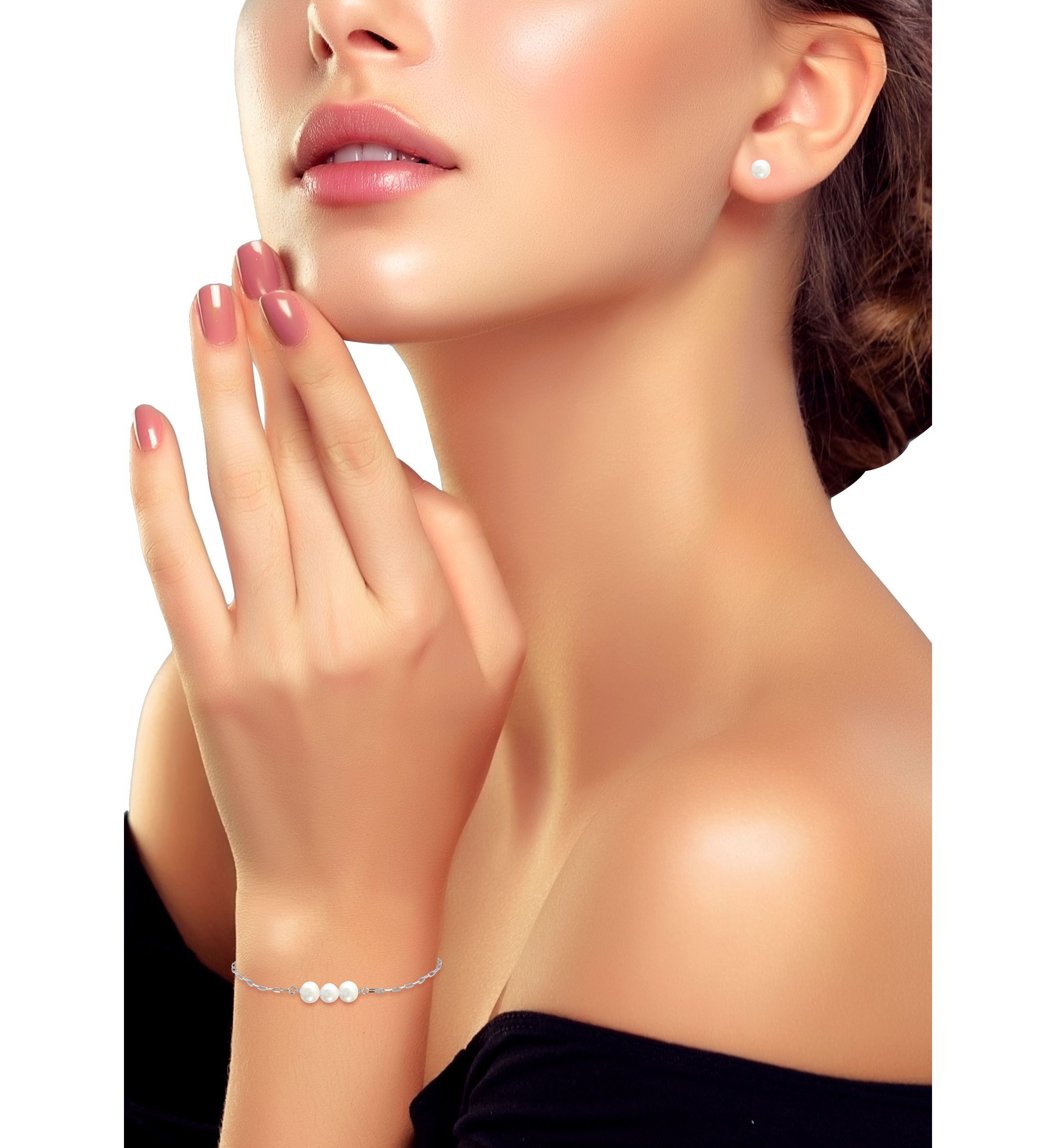 Fresh Water Pearl Paper Clip Chain Bracelet and Stud Earrings, 2PC Set, Sterling Silver