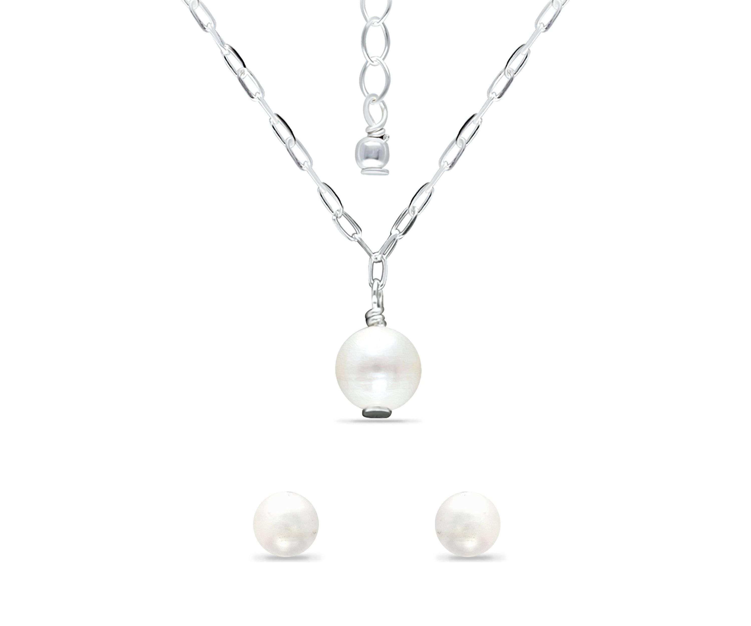 Fresh Water Pearl Paper Clip Chain Necklace and Stud Earrings, 2PC Set, Sterling Silver
