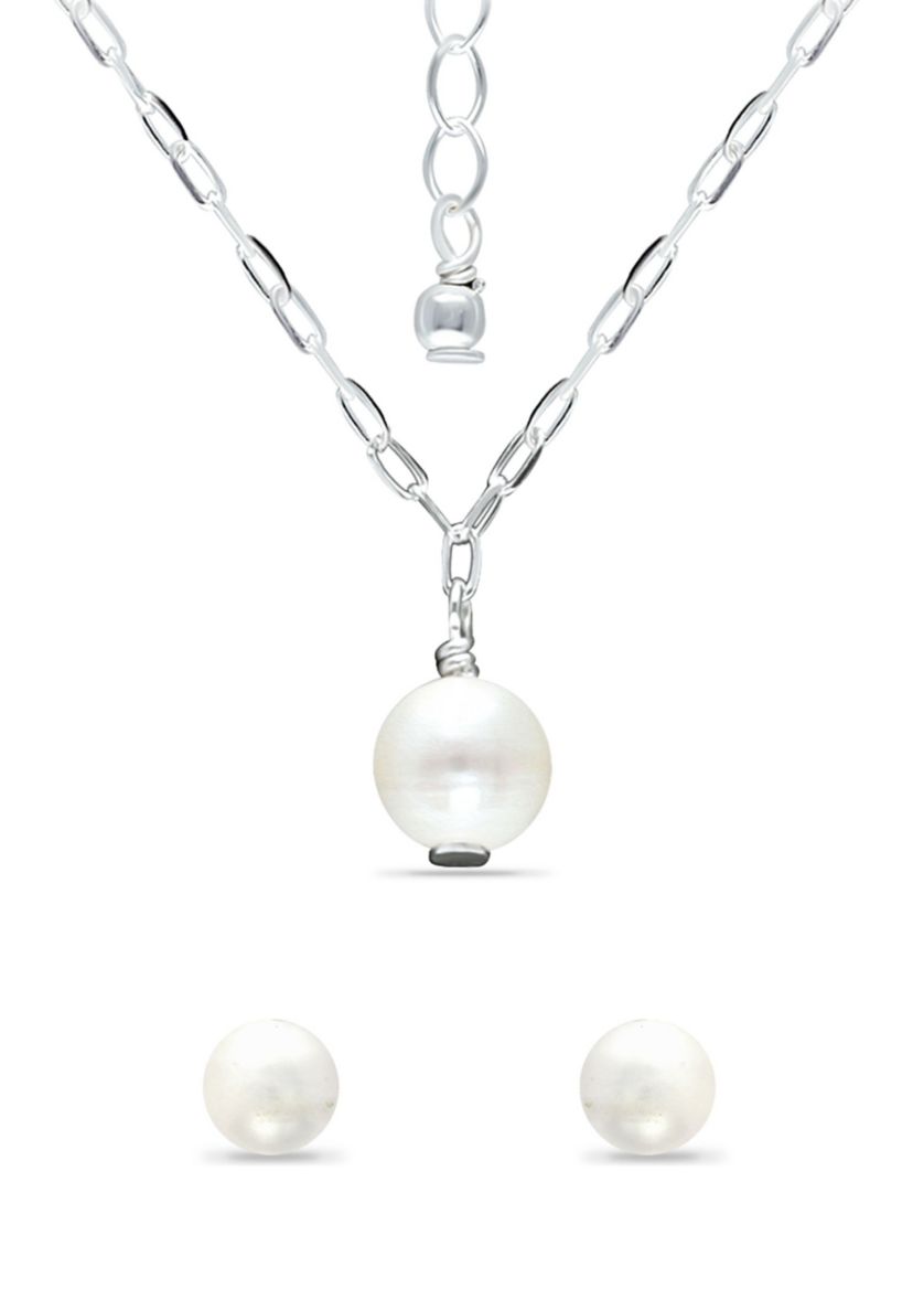 Fresh Water Pearl Paper Clip Chain Necklace and Stud Earrings, 2PC Set, Sterling Silver