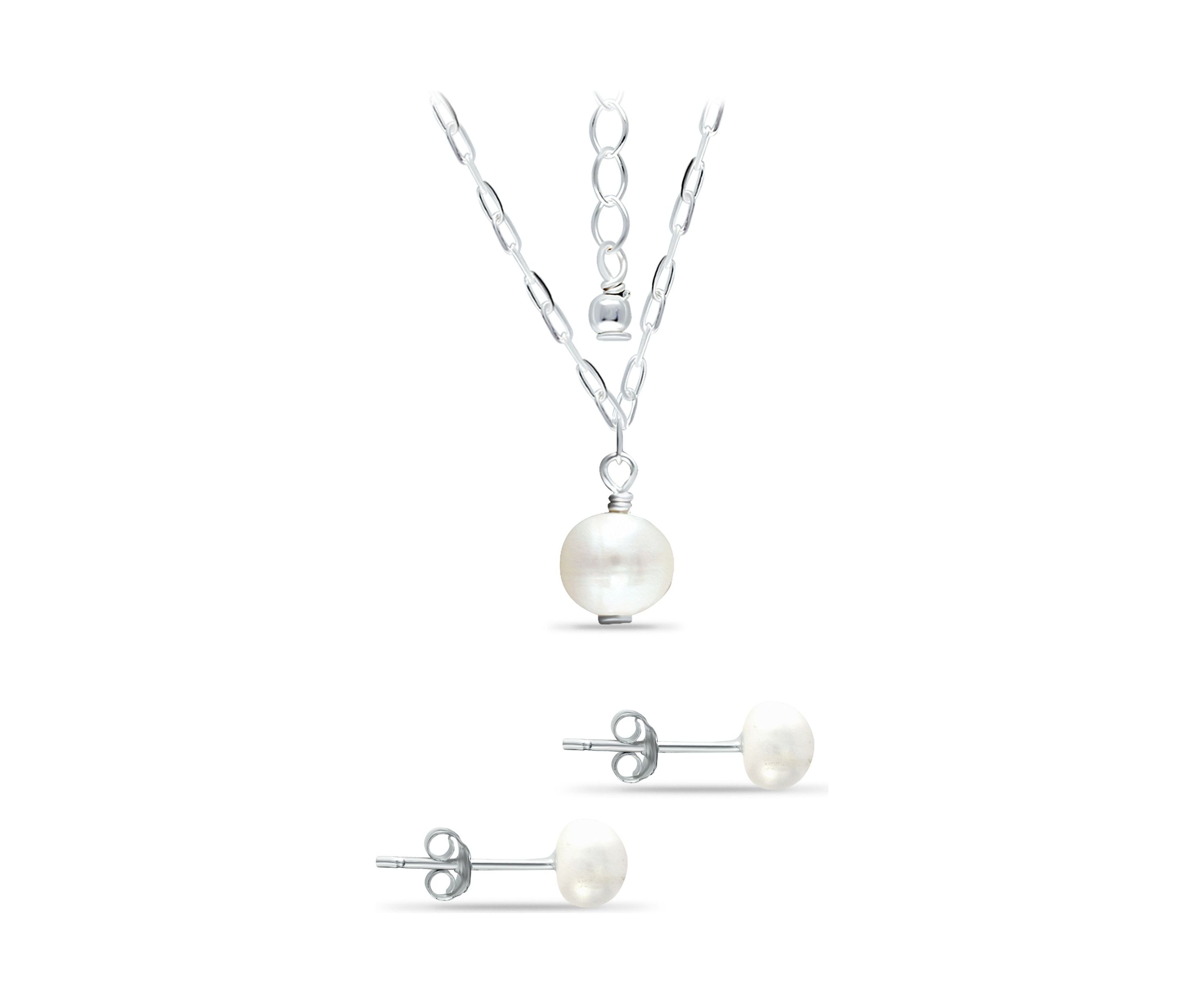 Fresh Water Pearl Paper Clip Chain Necklace and Stud Earrings, 2PC Set, Sterling Silver