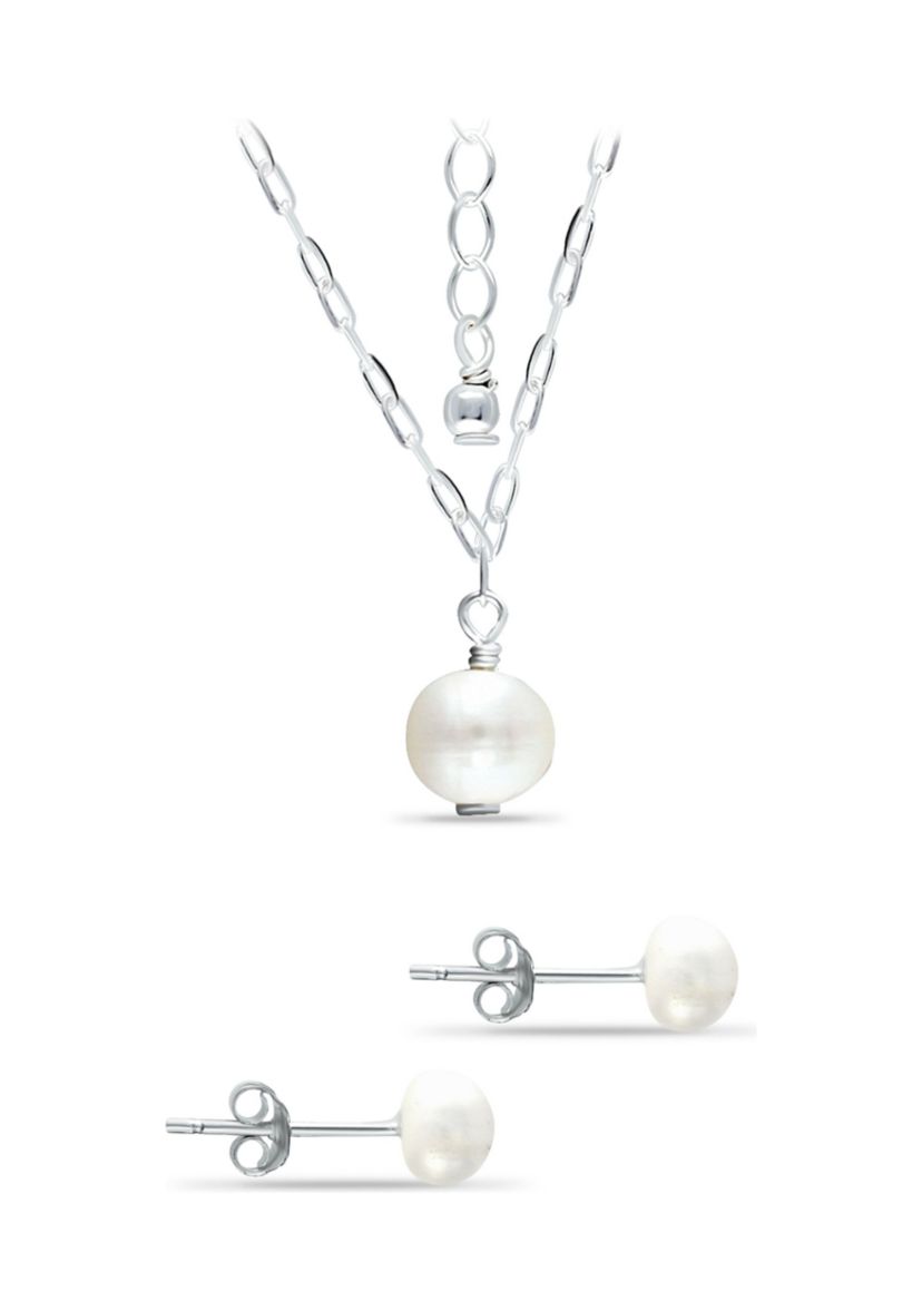 Fresh Water Pearl Paper Clip Chain Necklace and Stud Earrings, 2PC Set, Sterling Silver