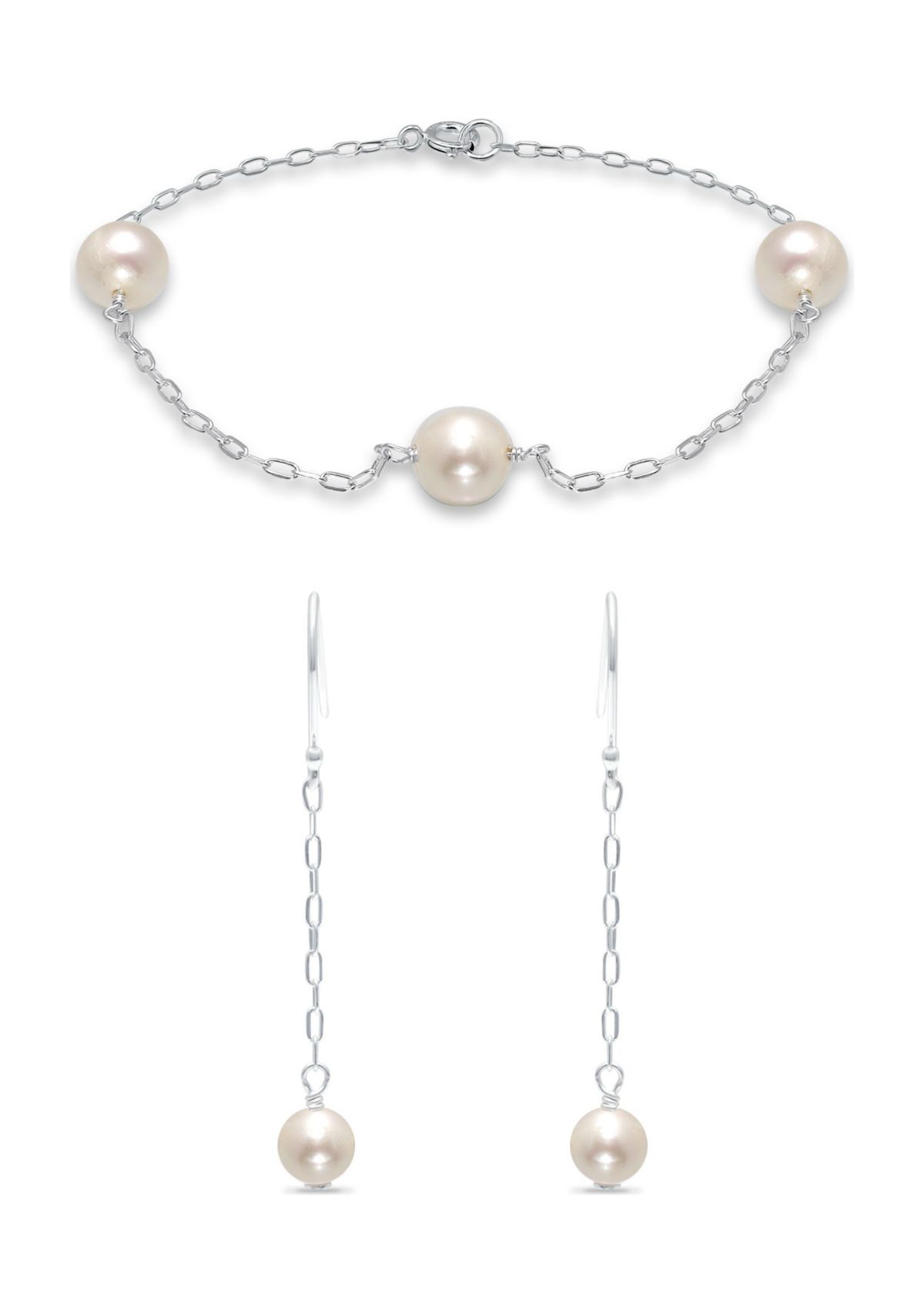 Fresh Water Pearl Paper Clip Chain Bracelet and Drop Earrings, 2PC Set, Sterling Silver