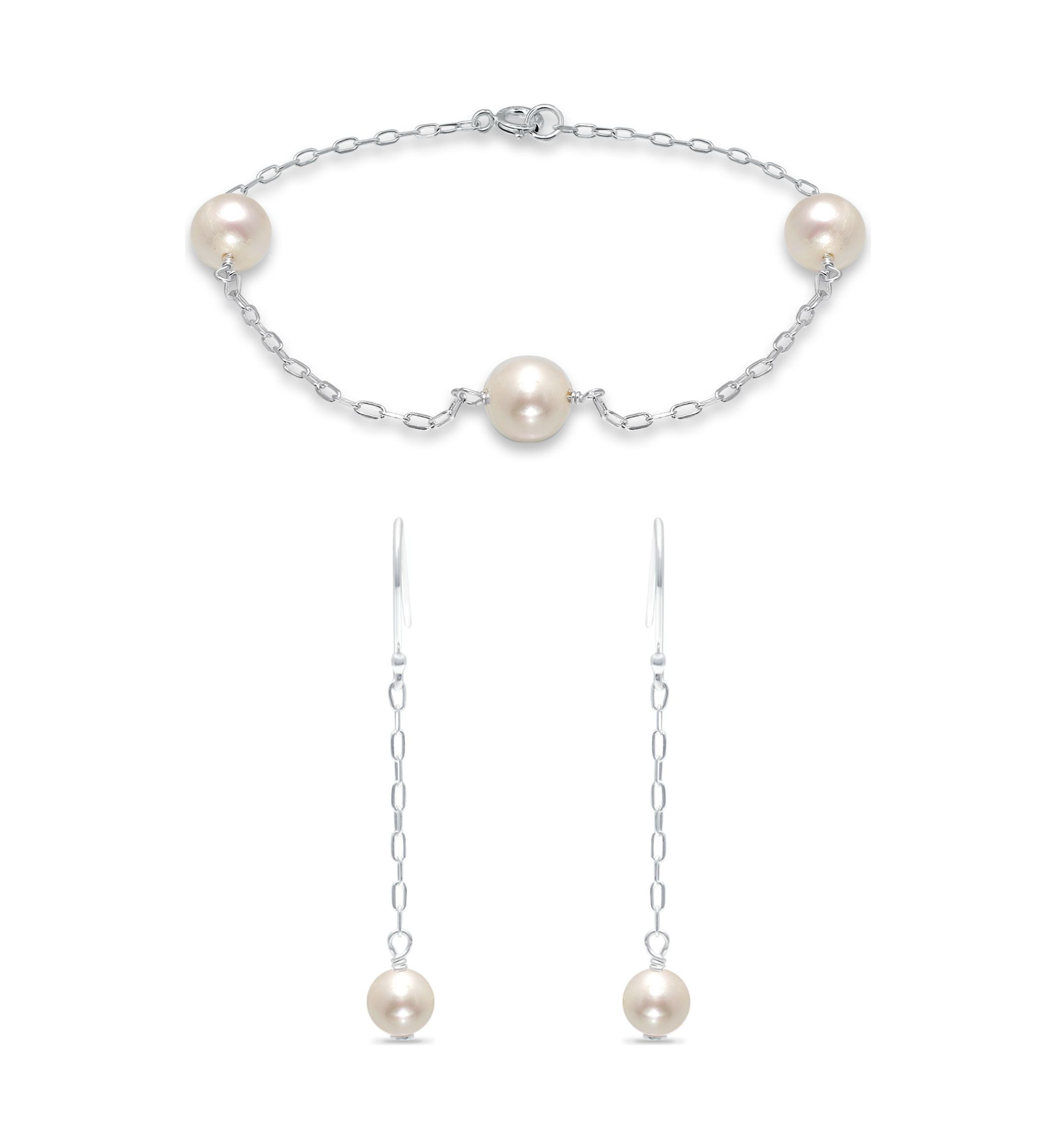 Fresh Water Pearl Paper Clip Chain Bracelet and Drop Earrings, 2PC Set, Sterling Silver