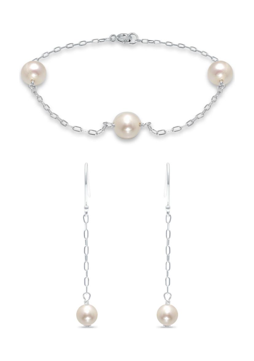 Fresh Water Pearl Paper Clip Chain Bracelet and Drop Earrings, 2PC Set, Sterling Silver
