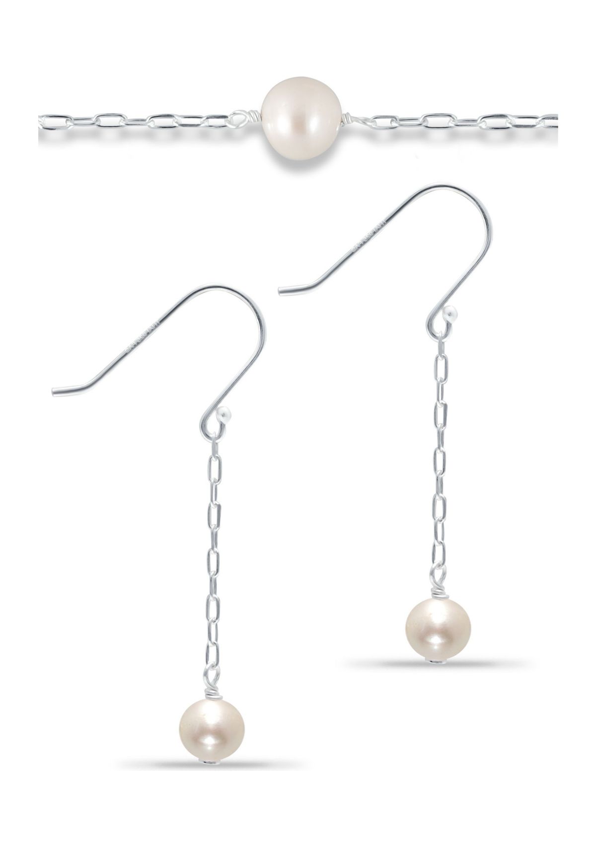 Fresh Water Pearl Paper Clip Chain Bracelet and Drop Earrings, 2PC Set, Sterling Silver
