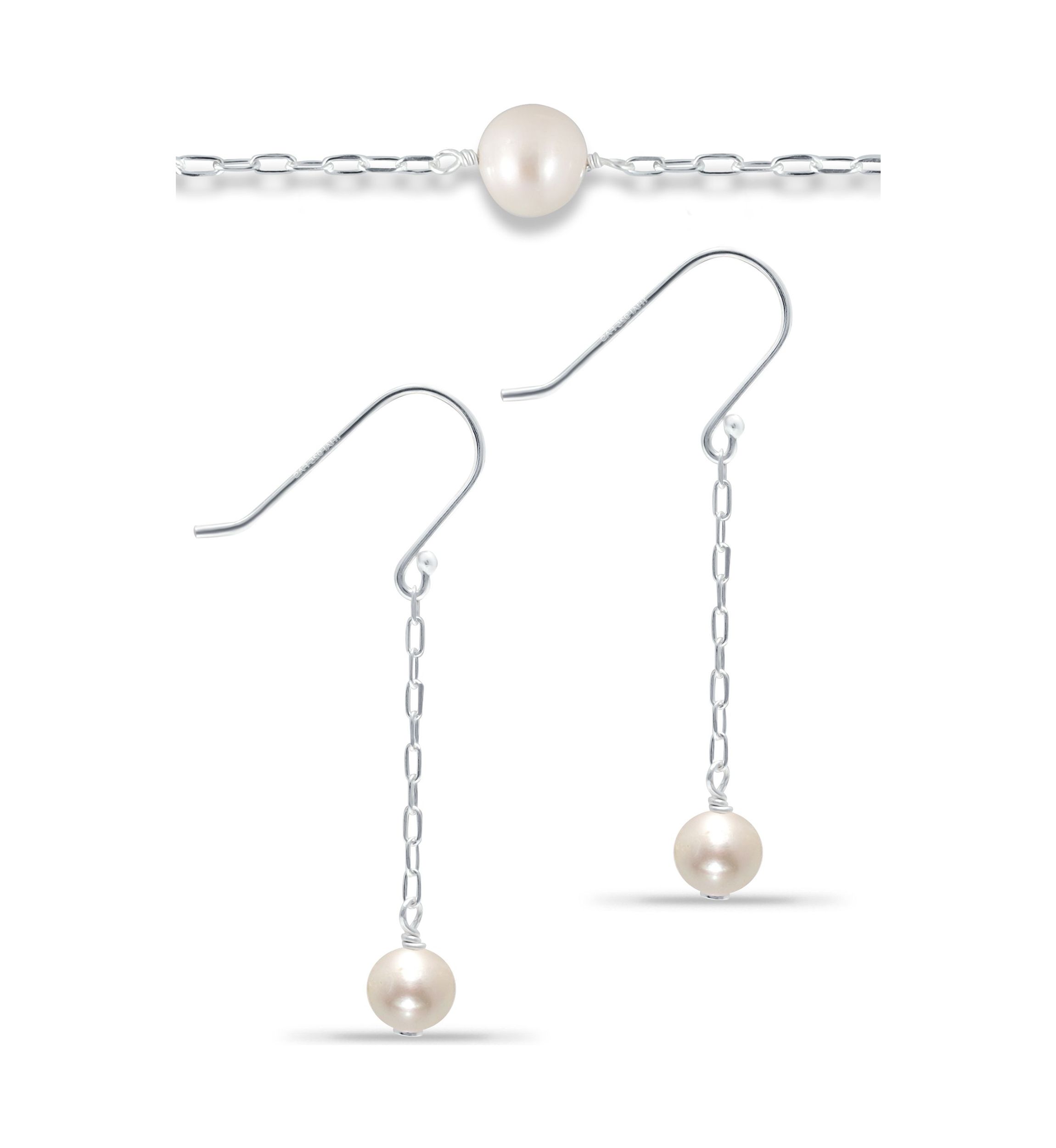 Fresh Water Pearl Paper Clip Chain Bracelet and Drop Earrings, 2PC Set, Sterling Silver