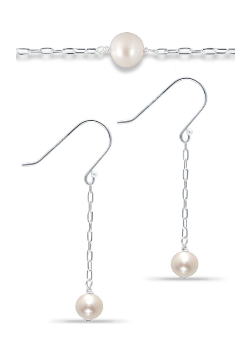 Fresh Water Pearl Paper Clip Chain Bracelet and Drop Earrings, 2PC Set, Sterling Silver