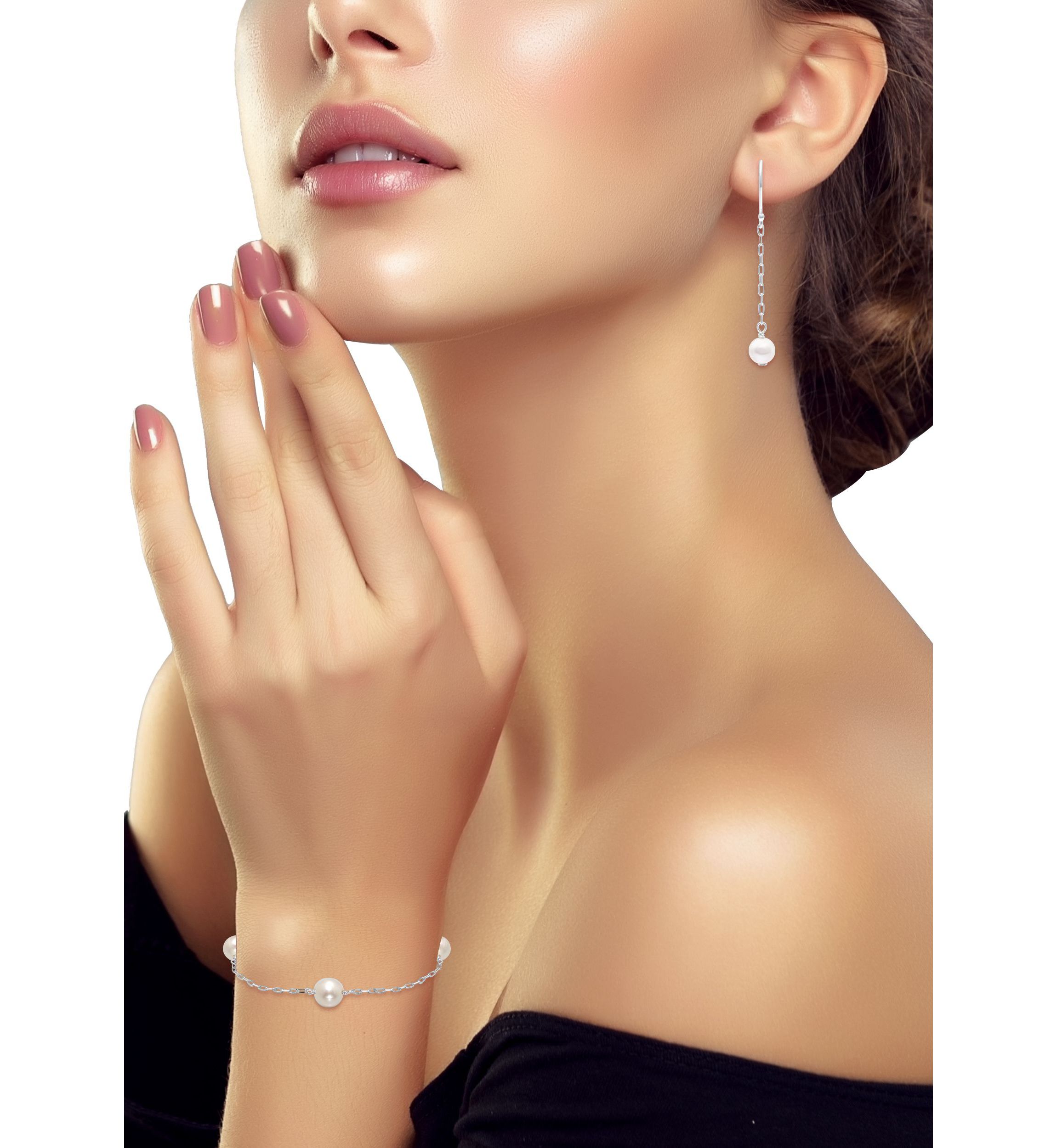 Fresh Water Pearl Paper Clip Chain Bracelet and Drop Earrings, 2PC Set, Sterling Silver