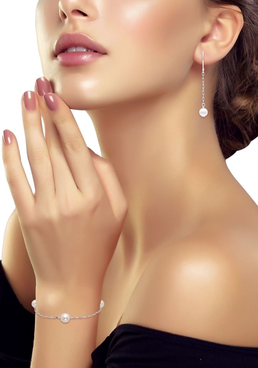 Fresh Water Pearl Paper Clip Chain Bracelet and Drop Earrings, 2PC Set, Sterling Silver