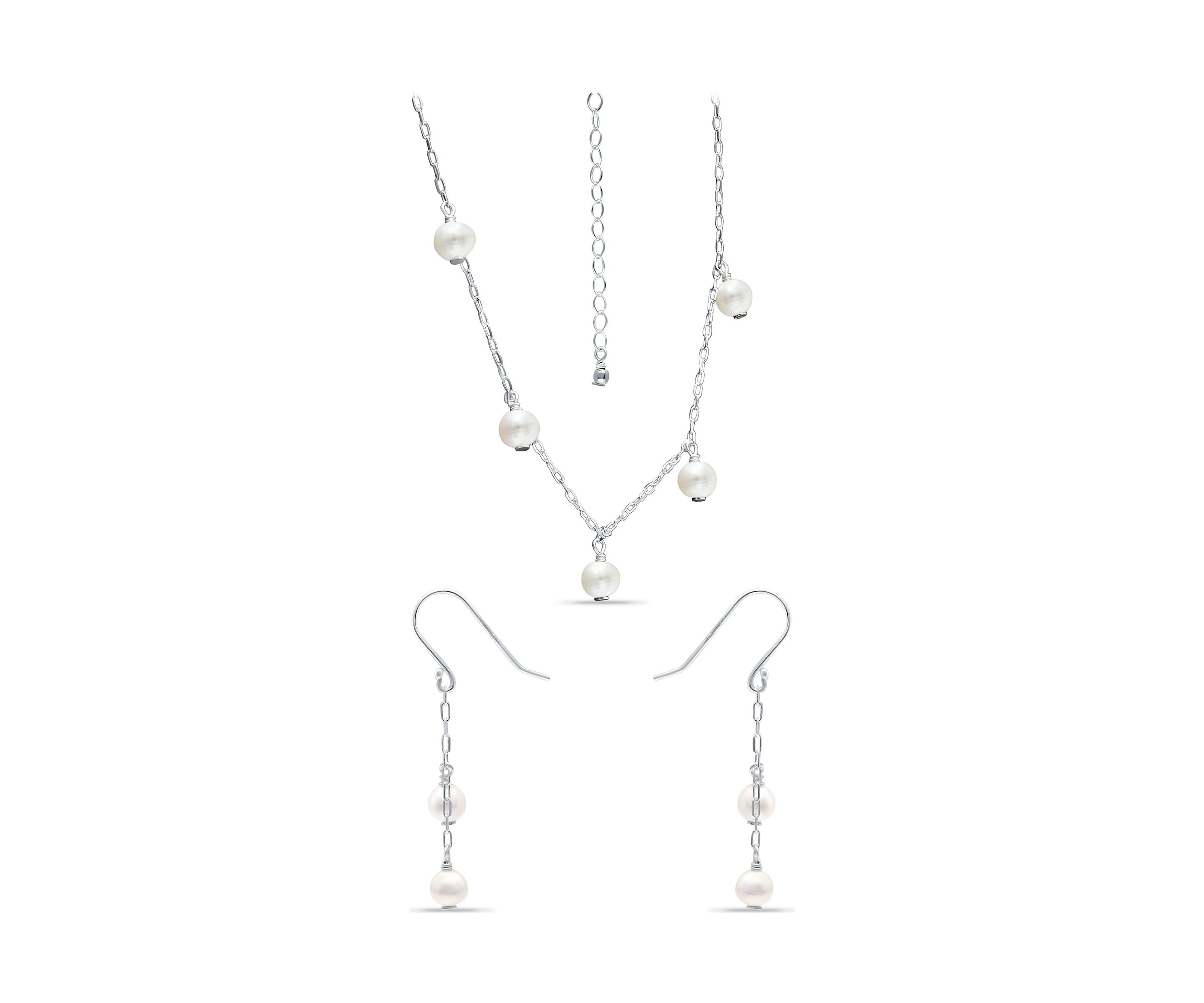 Fresh Water Pearl Paper Clip Chain Necklace and Drop Earrings, 2PC Set, Sterling Silver