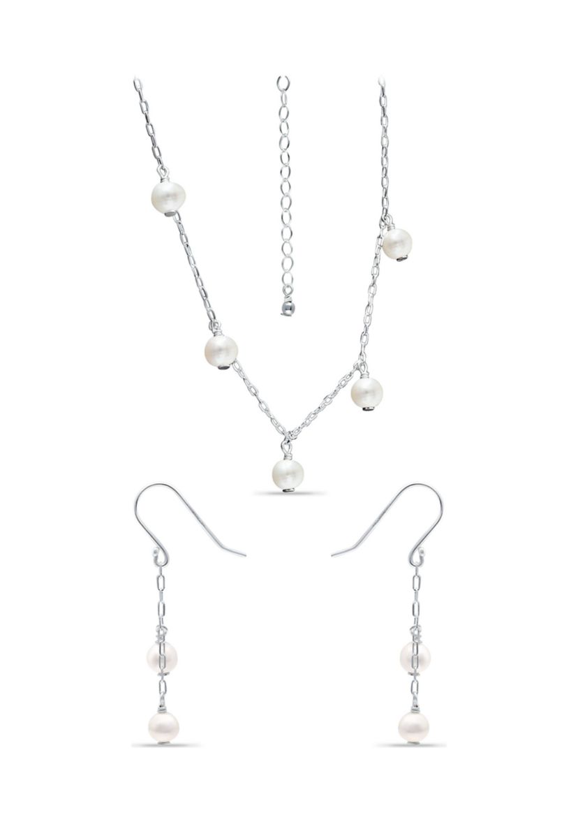 Fresh Water Pearl Paper Clip Chain Necklace and Drop Earrings, 2PC Set, Sterling Silver