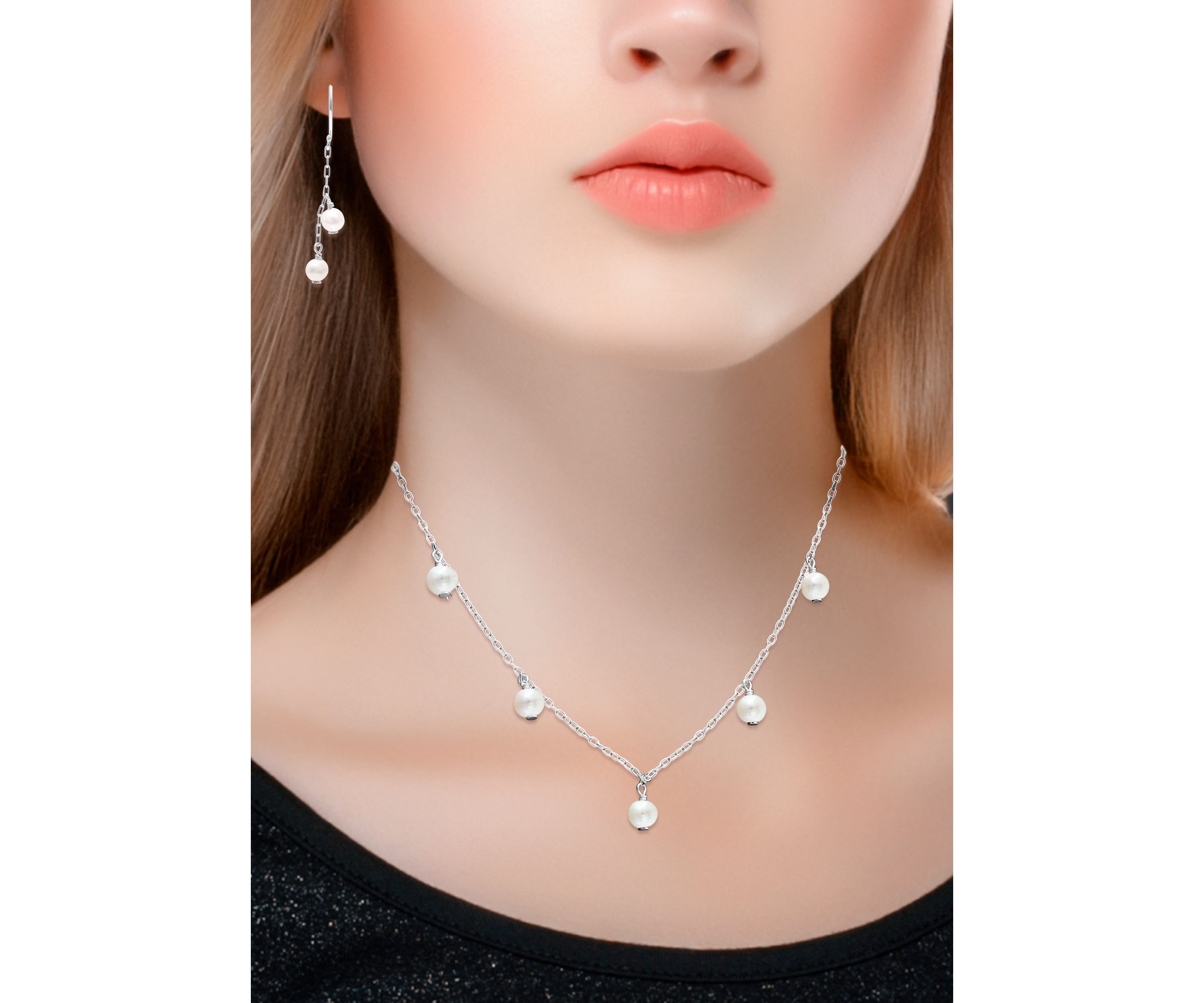 Fresh Water Pearl Paper Clip Chain Necklace and Drop Earrings, 2PC Set, Sterling Silver