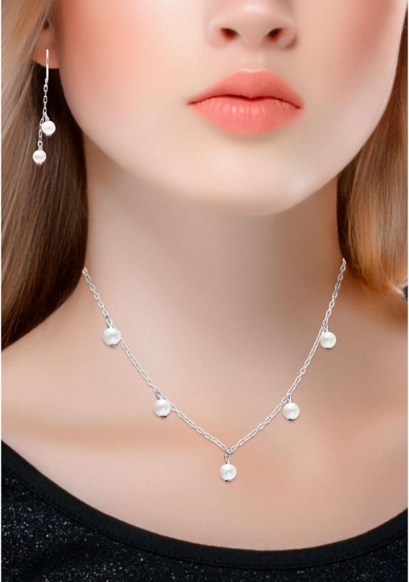 Fresh Water Pearl Paper Clip Chain Necklace and Drop Earrings, 2PC Set, Sterling Silver