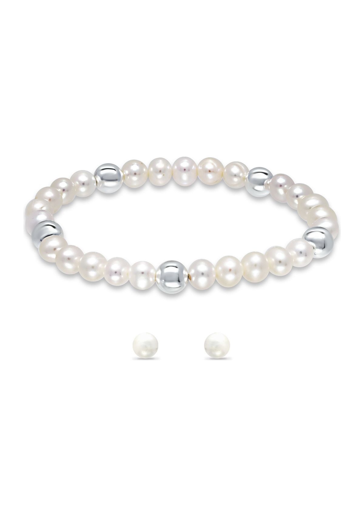 Fresh Water Pearl and Silver Bead Strand Stretch Bracelet and Stud Earrings 2PC SET, Sterling Silver