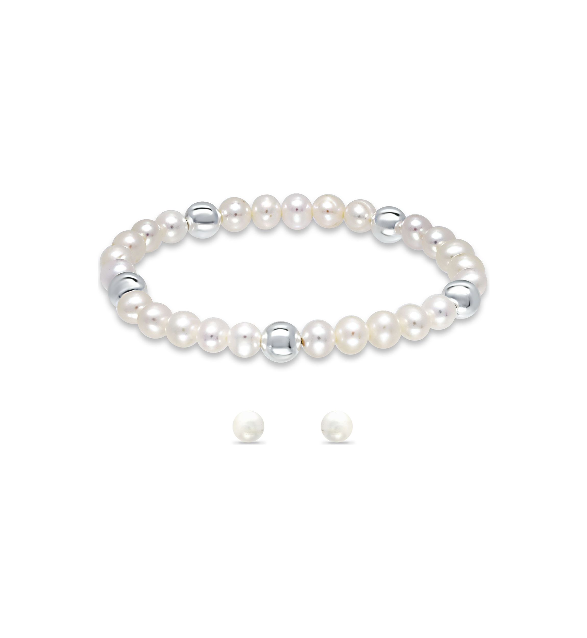 Fresh Water Pearl and Silver Bead Strand Stretch Bracelet and Stud Earrings 2PC SET, Sterling Silver