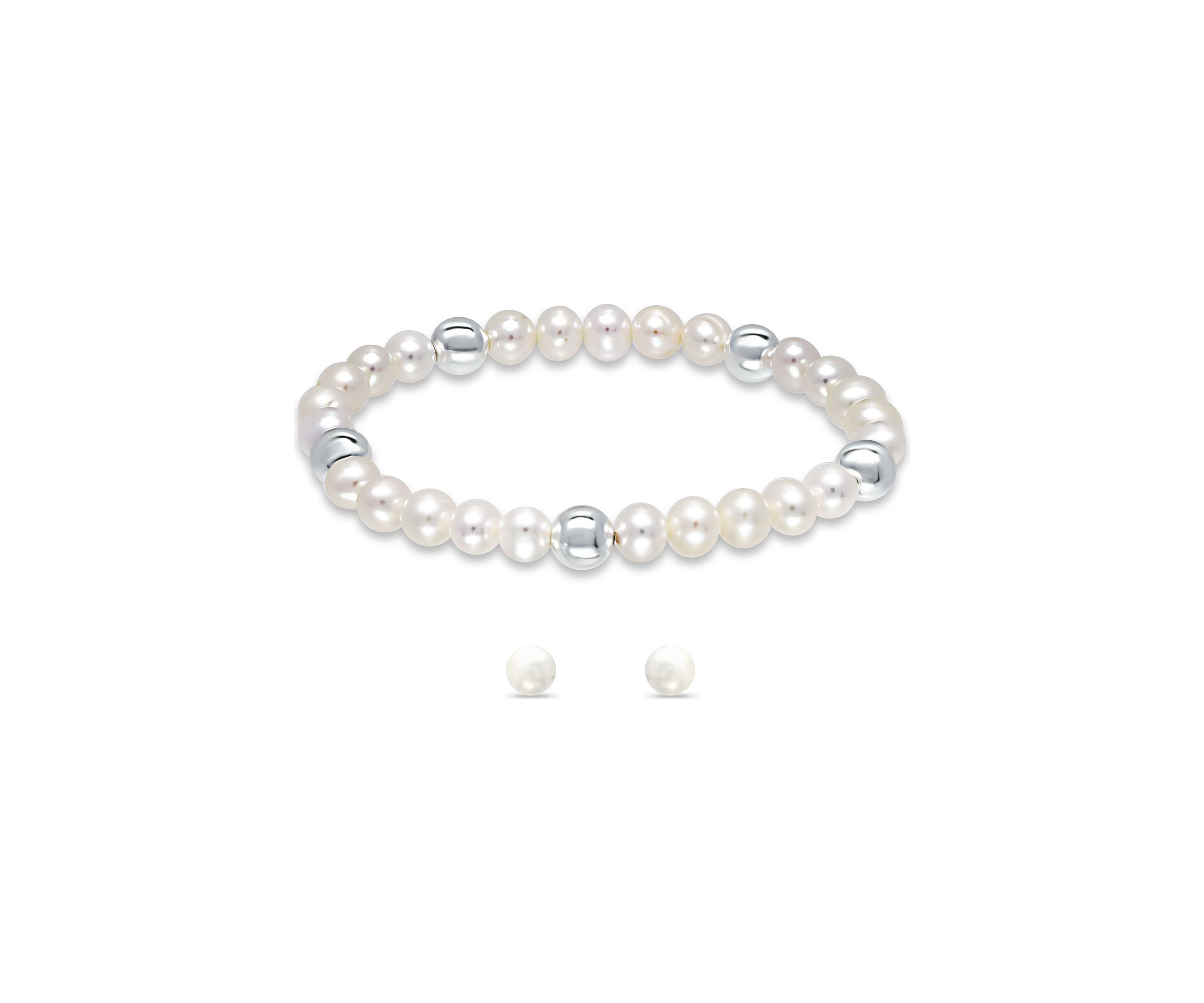 Fresh Water Pearl and Silver Bead Strand Stretch Bracelet and Stud Earrings 2PC SET, Sterling Silver