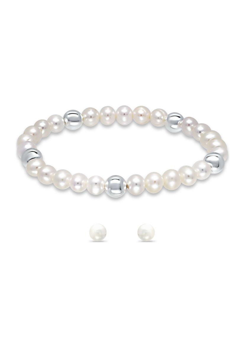 Fresh Water Pearl and Silver Bead Strand Stretch Bracelet and Stud Earrings 2PC SET, Sterling Silver