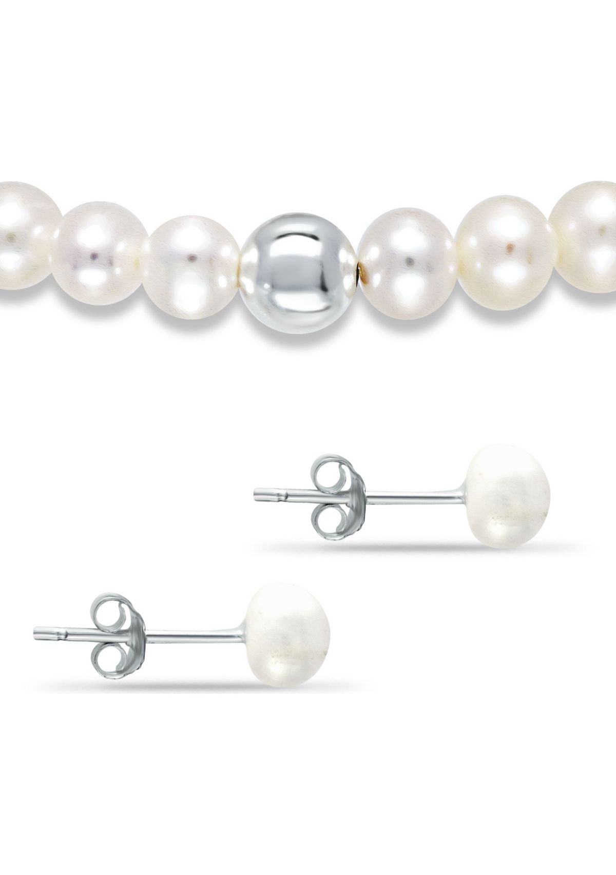 Fresh Water Pearl and Silver Bead Strand Stretch Bracelet and Stud Earrings 2PC SET, Sterling Silver