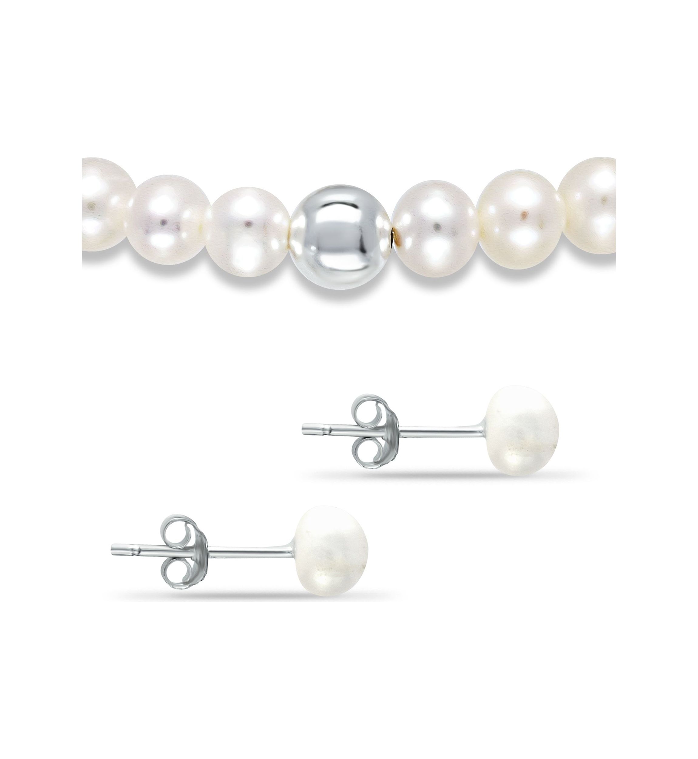 Fresh Water Pearl and Silver Bead Strand Stretch Bracelet and Stud Earrings 2PC SET, Sterling Silver