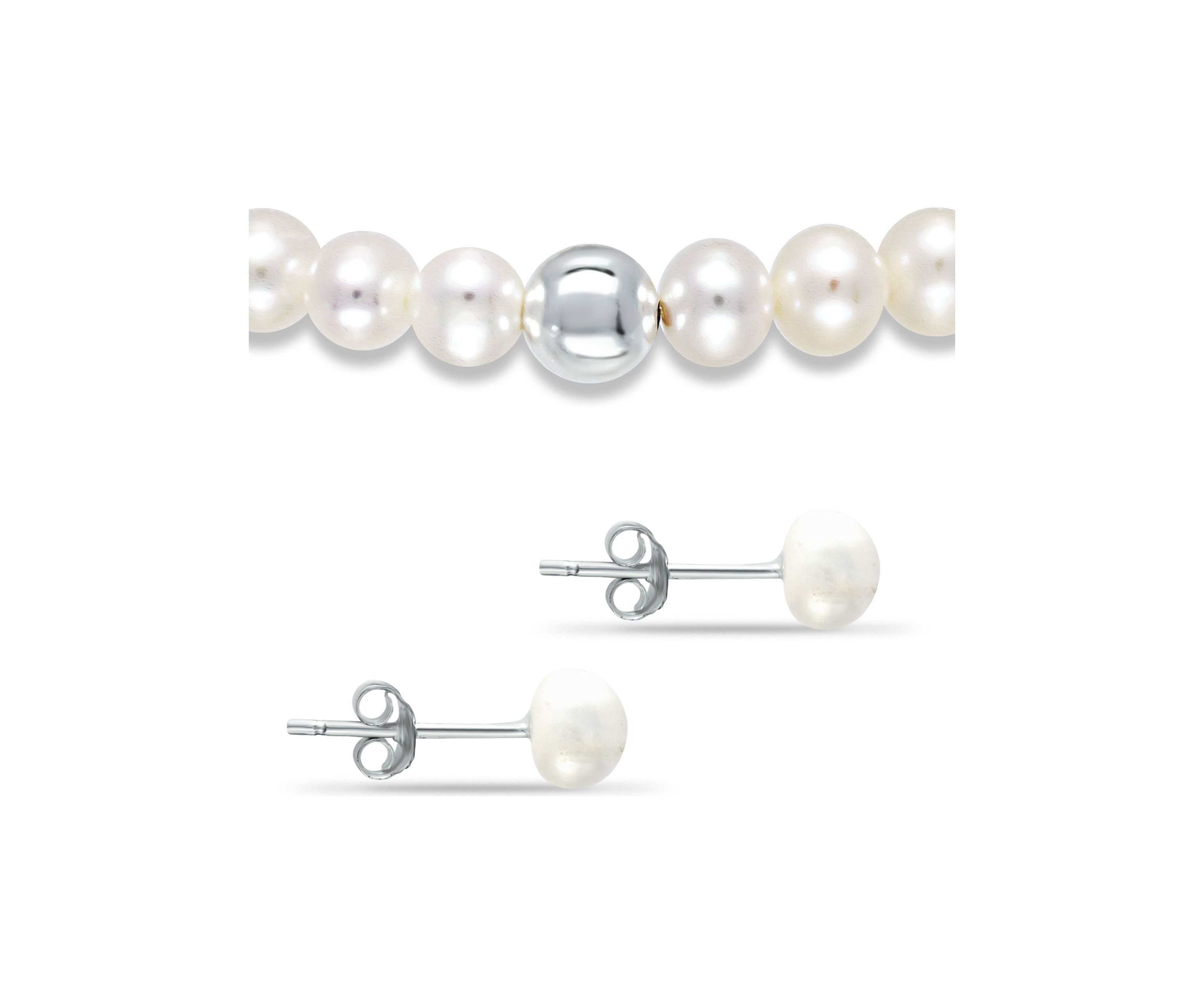 Fresh Water Pearl and Silver Bead Strand Stretch Bracelet and Stud Earrings 2PC SET, Sterling Silver