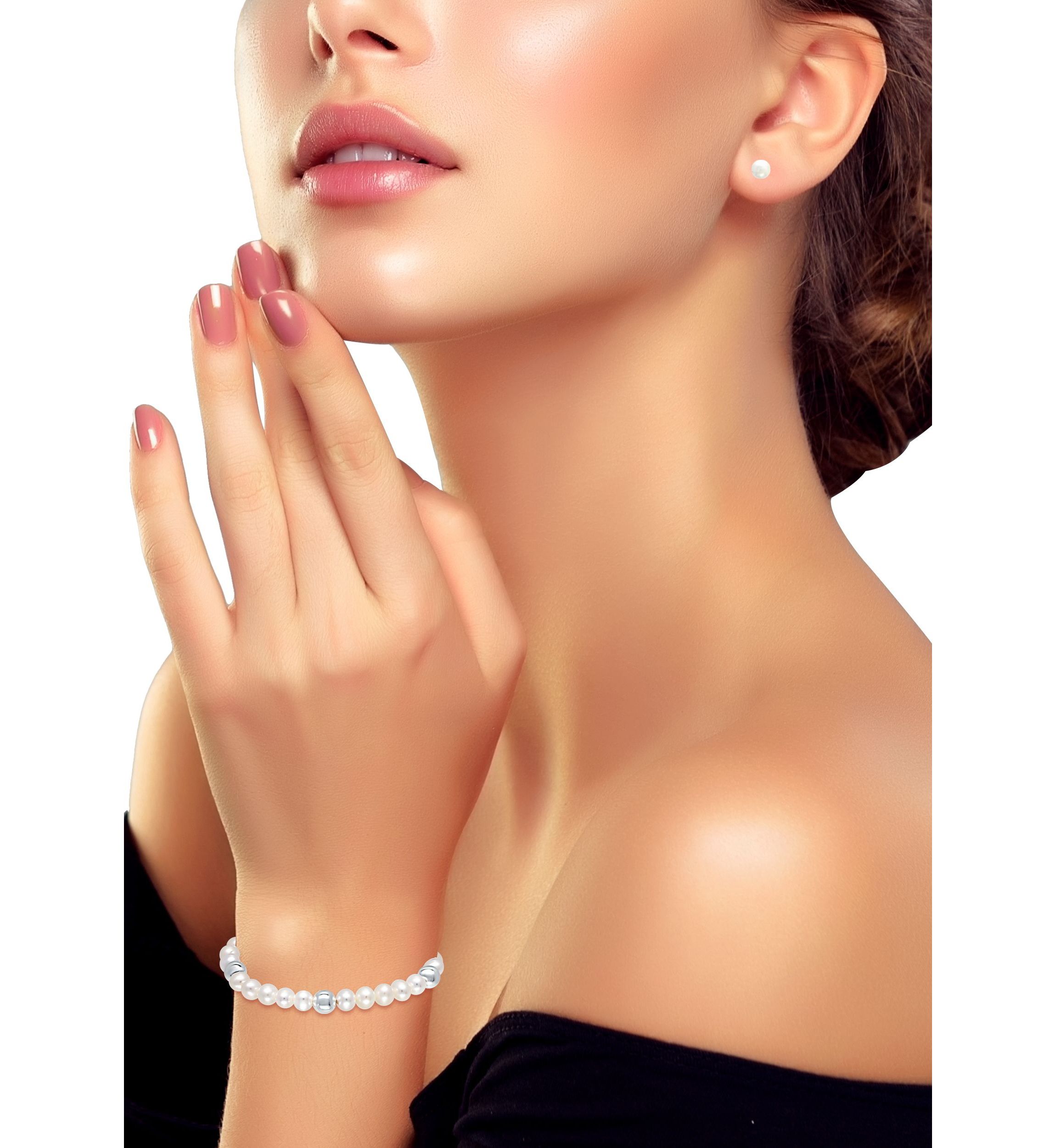 Fresh Water Pearl and Silver Bead Strand Stretch Bracelet and Stud Earrings 2PC SET, Sterling Silver