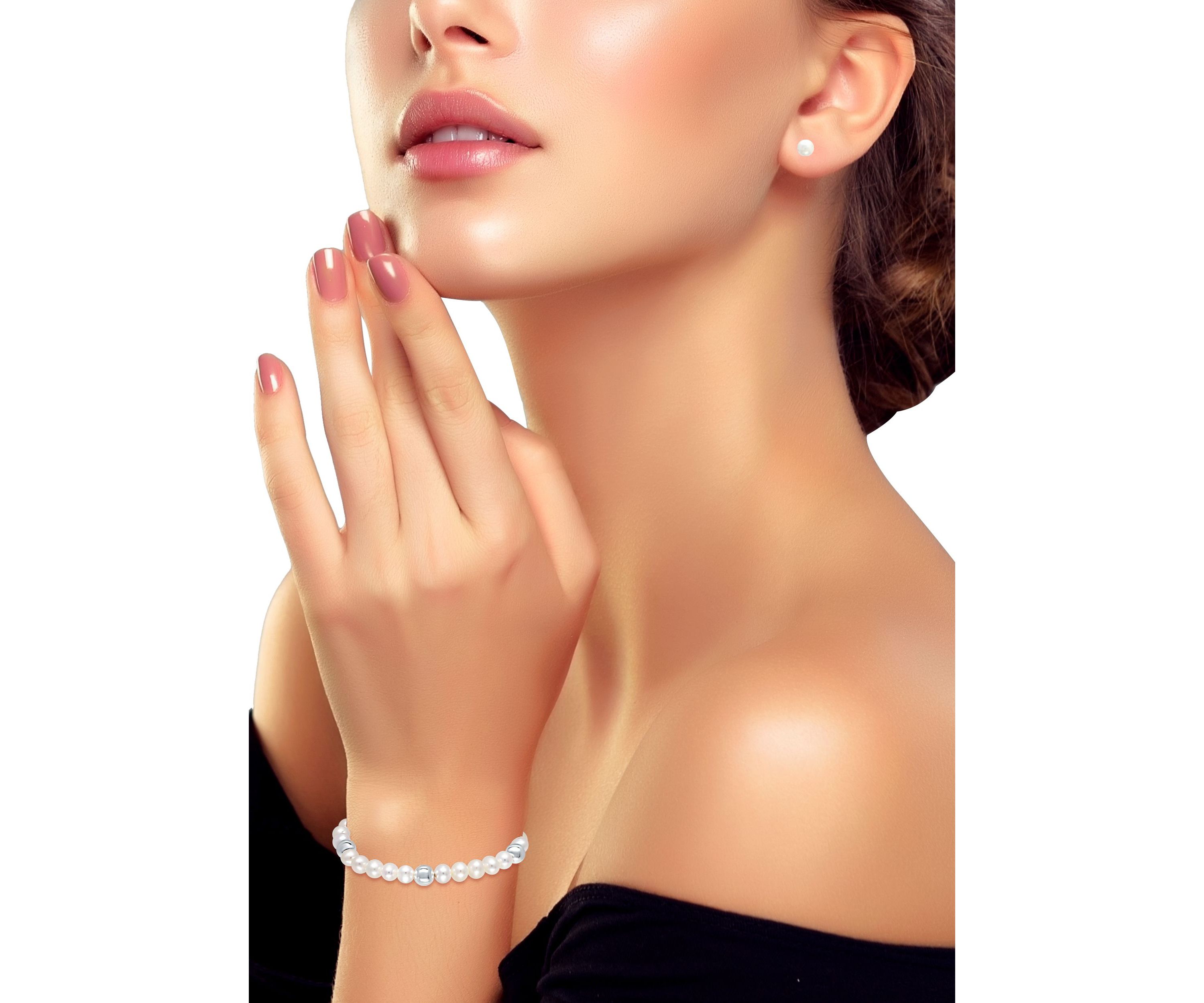 Fresh Water Pearl and Silver Bead Strand Stretch Bracelet and Stud Earrings 2PC SET, Sterling Silver