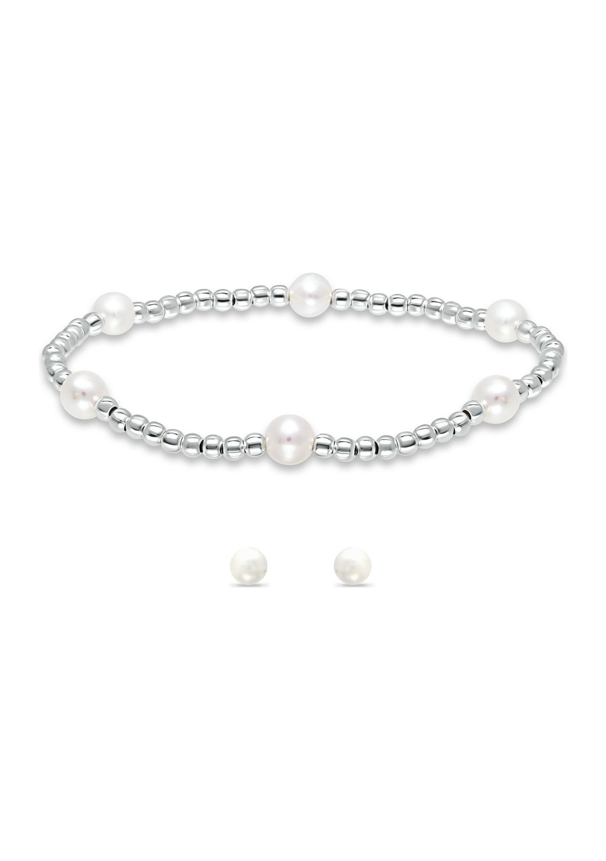 Fresh Water Pearl and Silver Bead Strand Stretch Bracelet and Stud Earrings 2PC SET, Sterling Silver