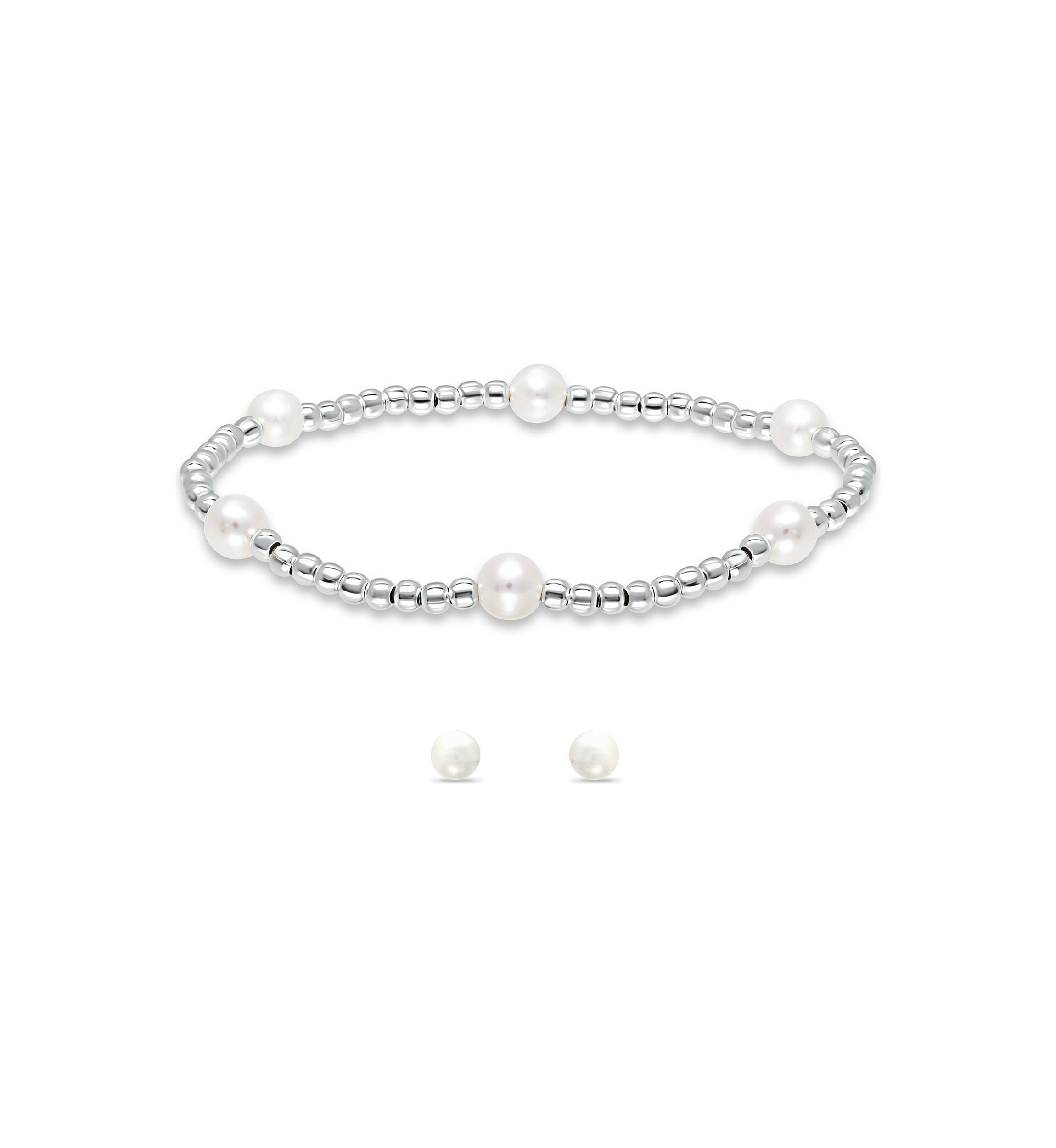 Fresh Water Pearl and Silver Bead Strand Stretch Bracelet and Stud Earrings 2PC SET, Sterling Silver