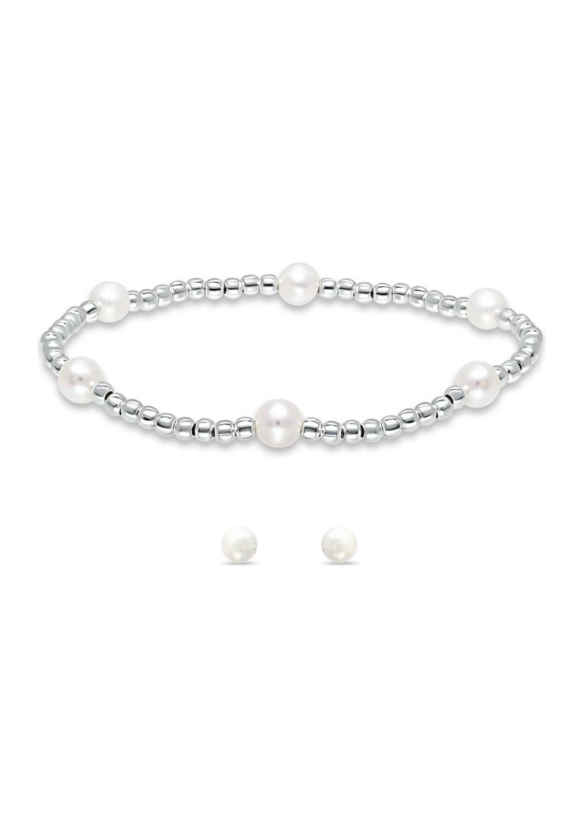 Fresh Water Pearl and Silver Bead Strand Stretch Bracelet and Stud Earrings 2PC SET, Sterling Silver