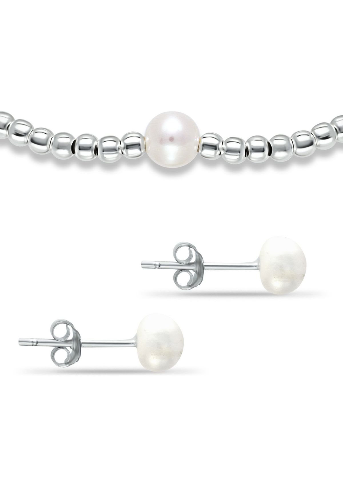 Fresh Water Pearl and Silver Bead Strand Stretch Bracelet and Stud Earrings 2PC SET, Sterling Silver