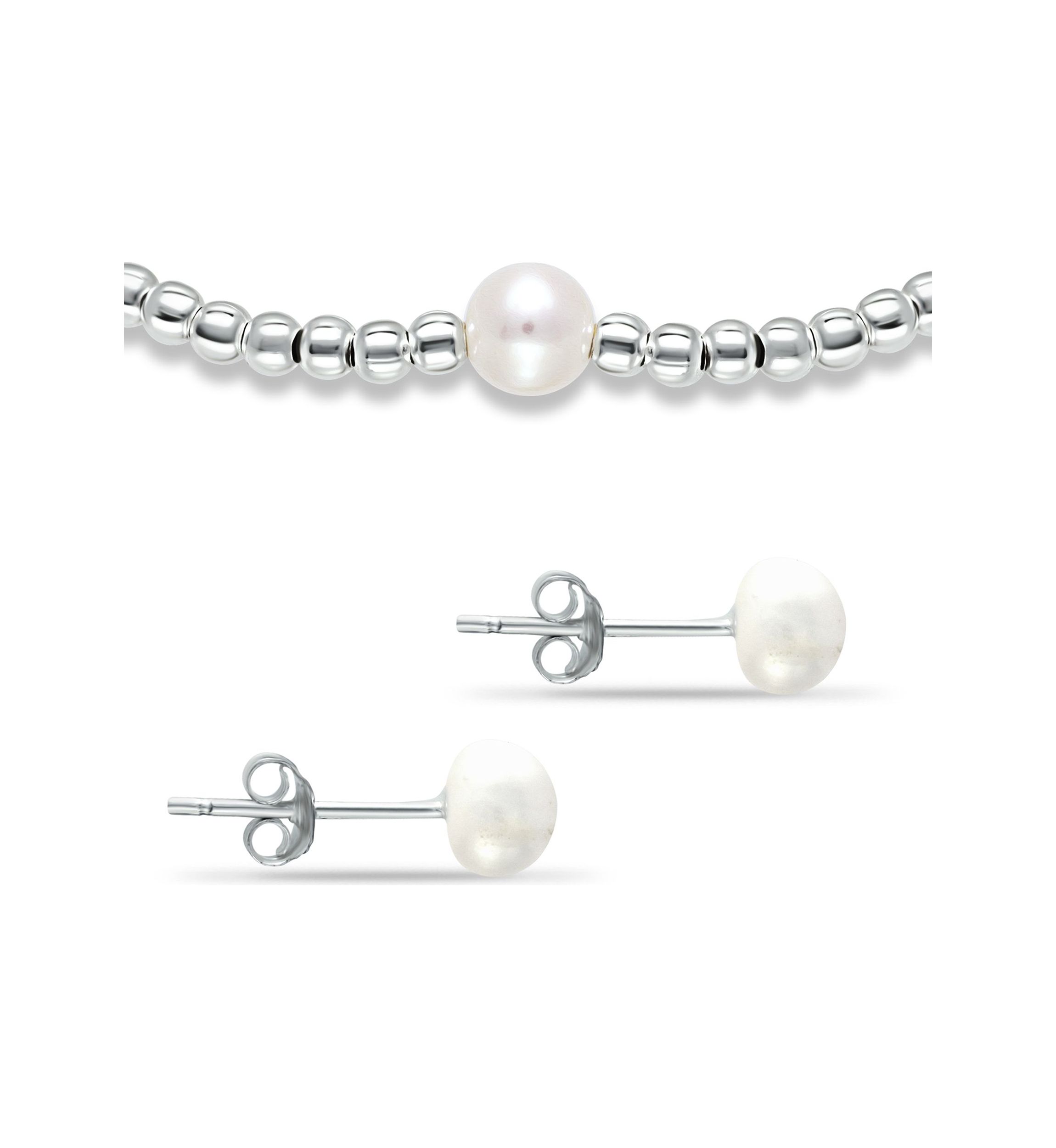 Fresh Water Pearl and Silver Bead Strand Stretch Bracelet and Stud Earrings 2PC SET, Sterling Silver