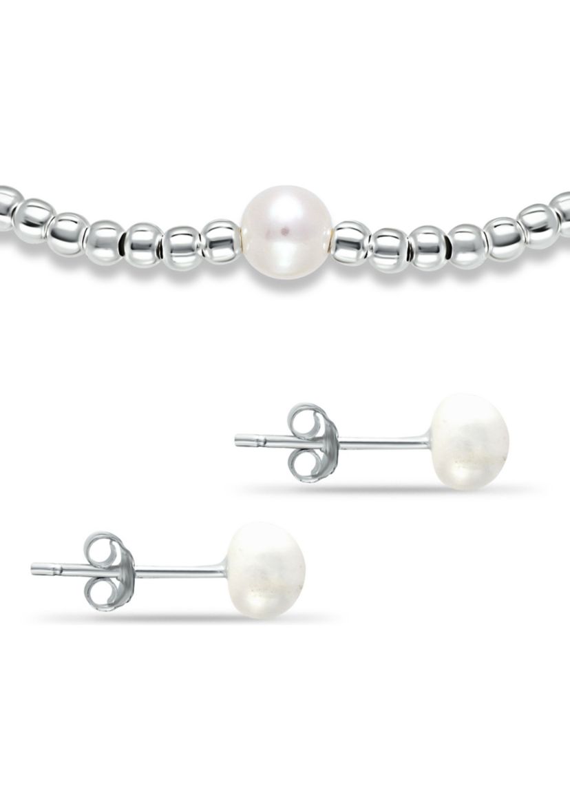 Fresh Water Pearl and Silver Bead Strand Stretch Bracelet and Stud Earrings 2PC SET, Sterling Silver