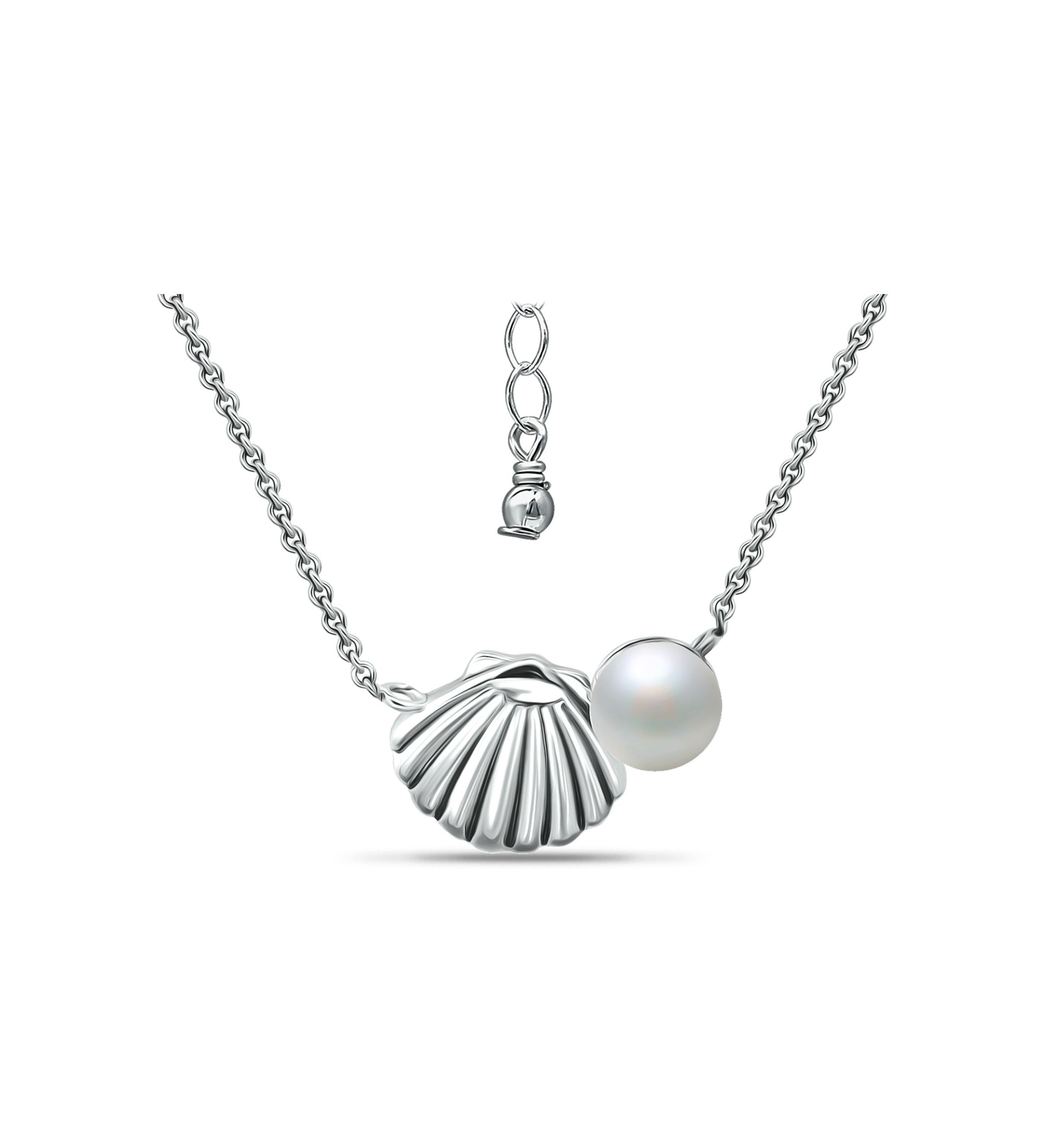 6mm Freshwater Pearl & Seashell Necklace 16" with 2" Extender, Sterling Silver