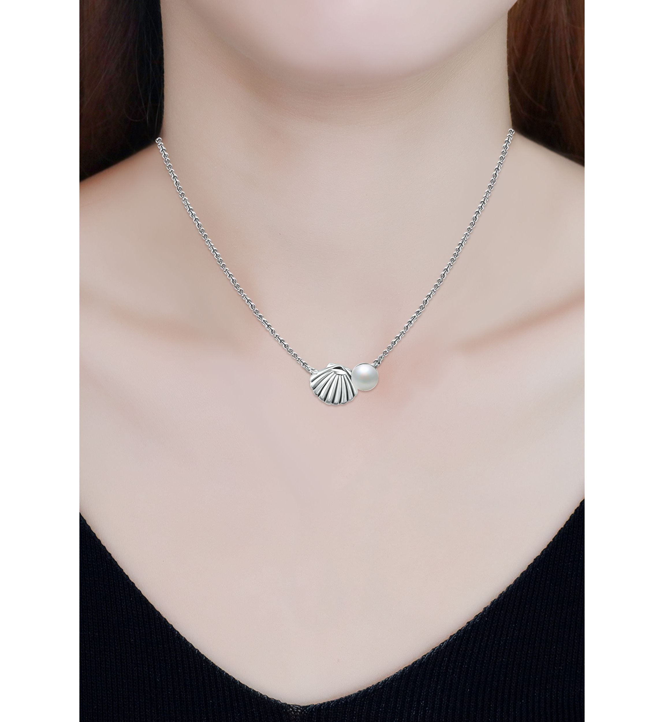 6mm Freshwater Pearl & Seashell Necklace 16" with 2" Extender, Sterling Silver